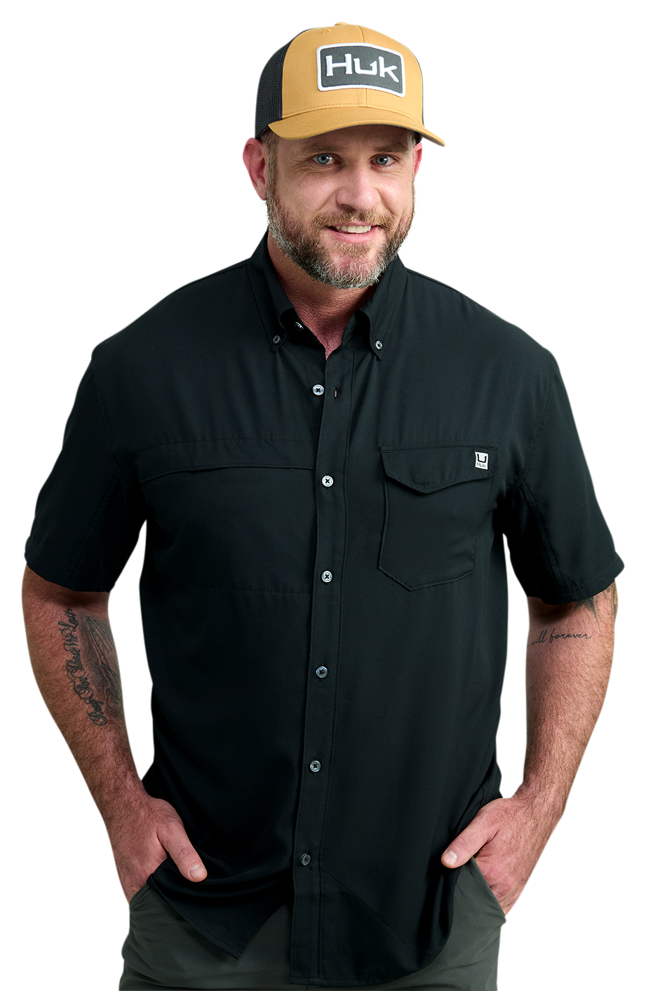Image of Huk Tide Point Button-Up Short-Sleeve Shirt - Black - 3XL