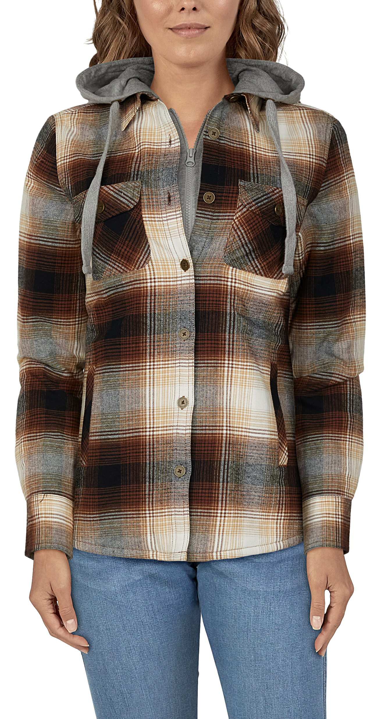NATURAL REFLECTIONS Hooded Flannel Shirt Jacket for Ladies- Cappuccino Plaid