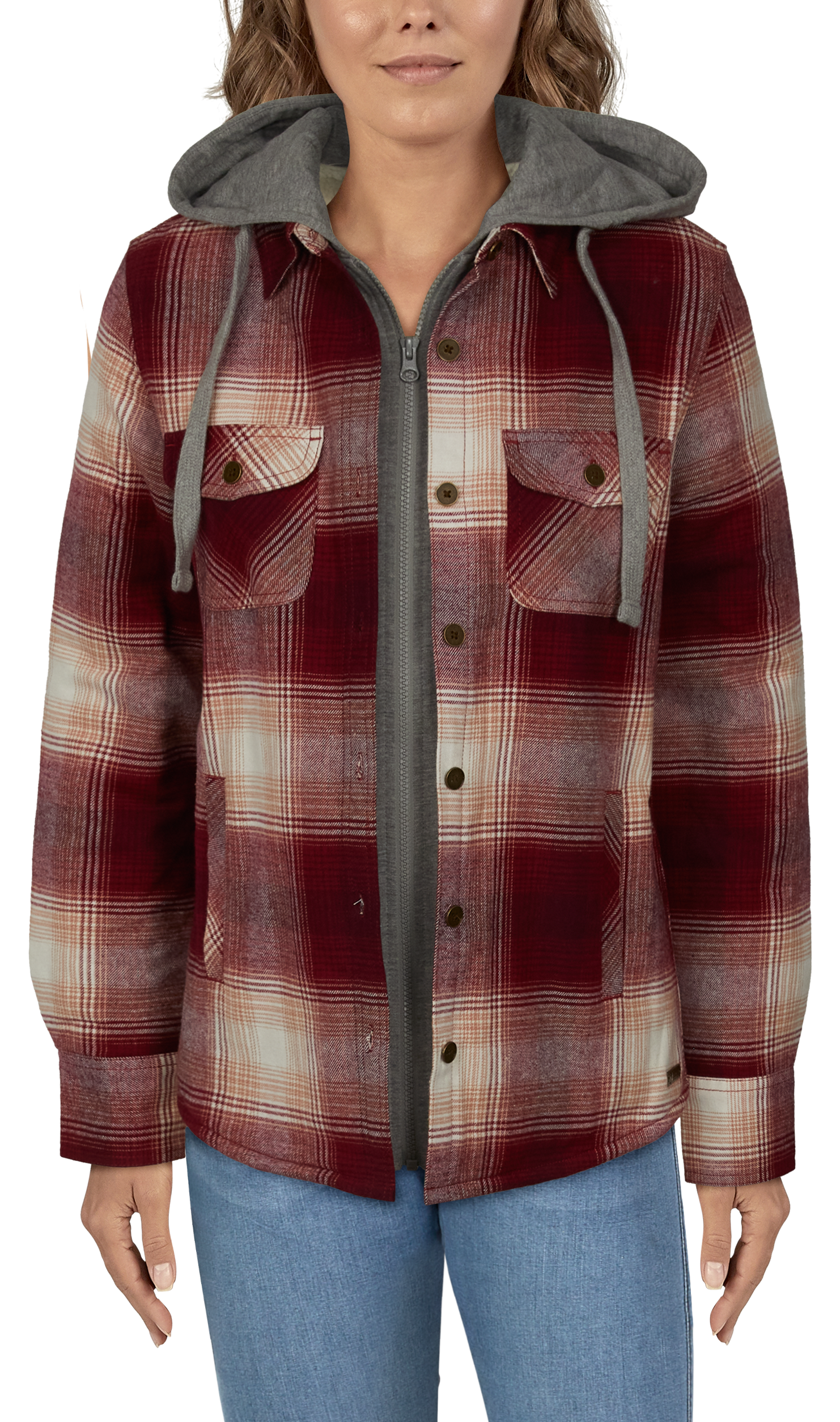 NATURAL REFLECTIONS Hooded Flannel Shirt Jacket for Ladies- Wine Plaid