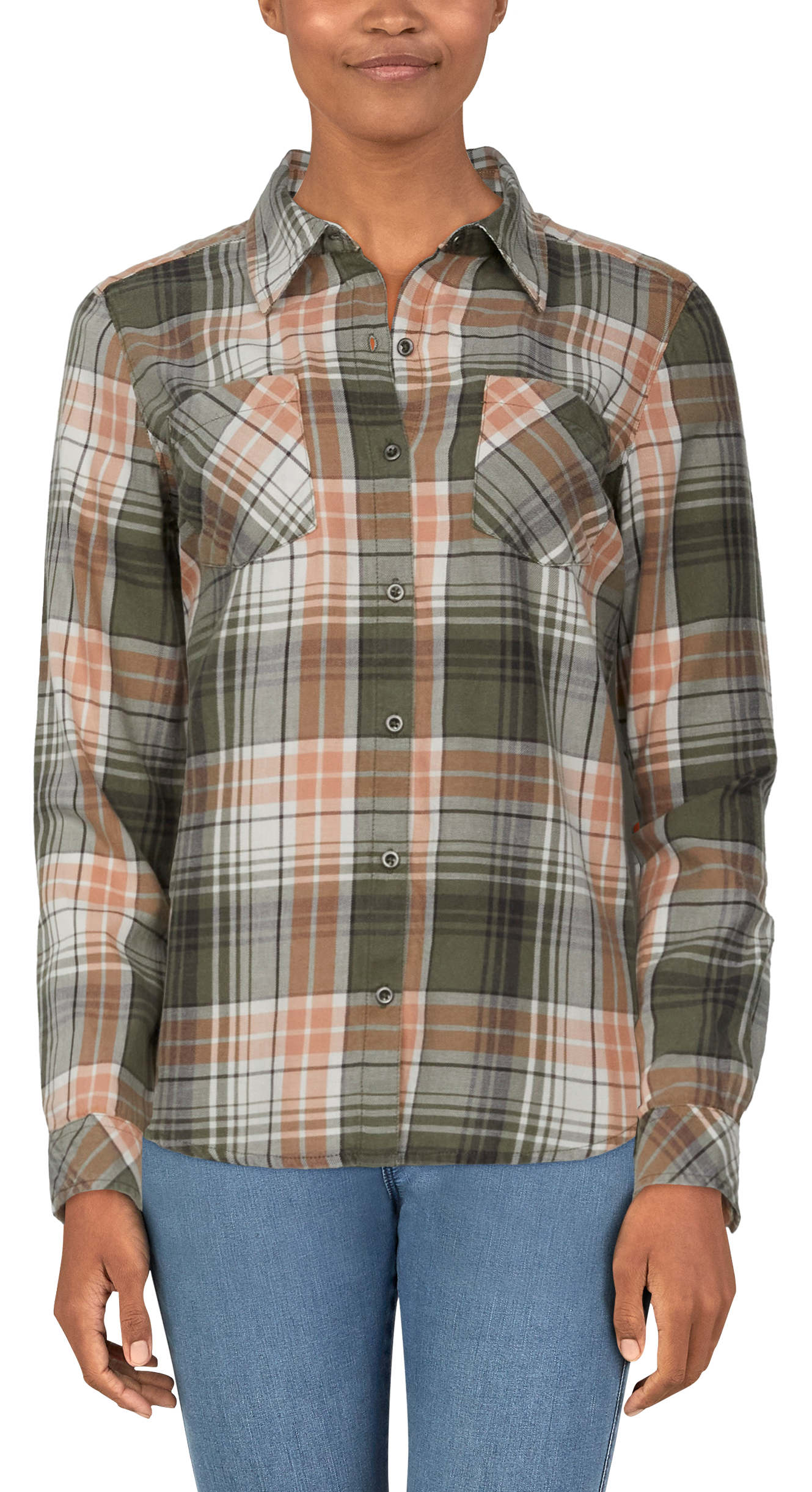 Image of Natural Reflections Acid-Wash Twill Long-Sleeve Shirt - Olive Plaid-23 - S
