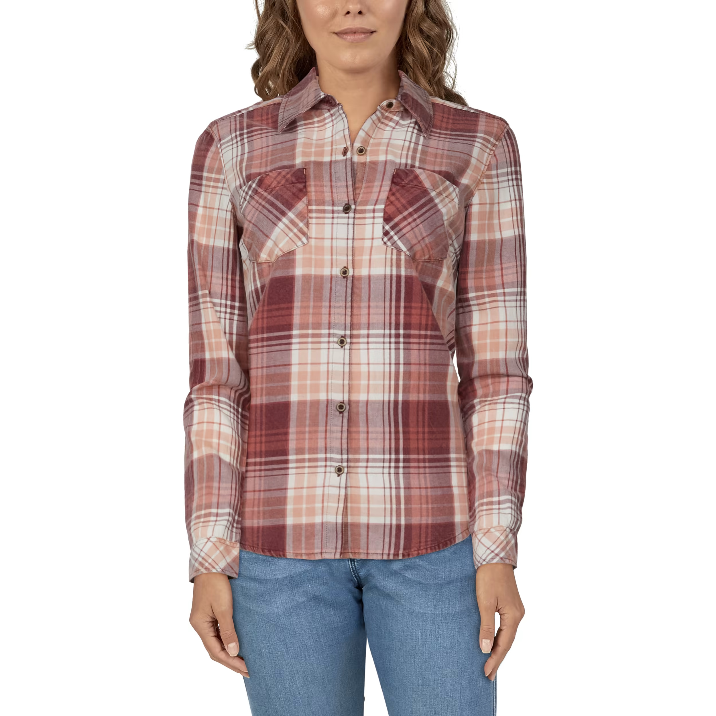 Image of Natural Reflections Acid-Wash Twill Long-Sleeve Shirt - Wine Plaid