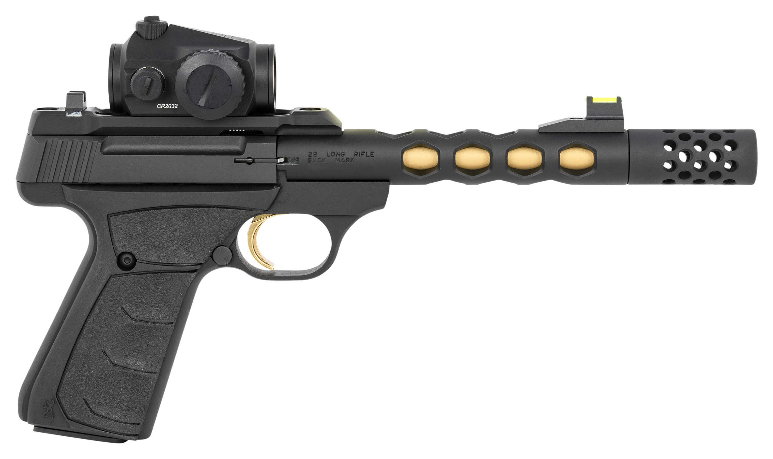 Image of Browning Buck Mark Vision Black/Gold Suppressor-Ready Semi-Auto Rimfire Pistol with Vortex Red Dot