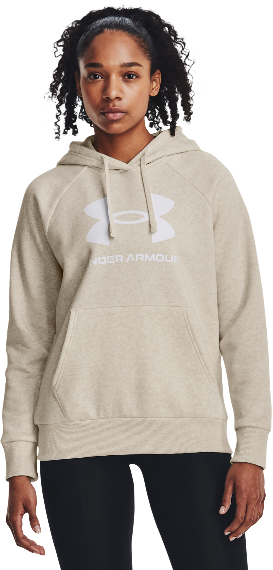 Image of Under Armour Rival Fleece Big Logo Long-Sleeve Hoodie for Ladies - Oatmeal Light Heather/White - XS