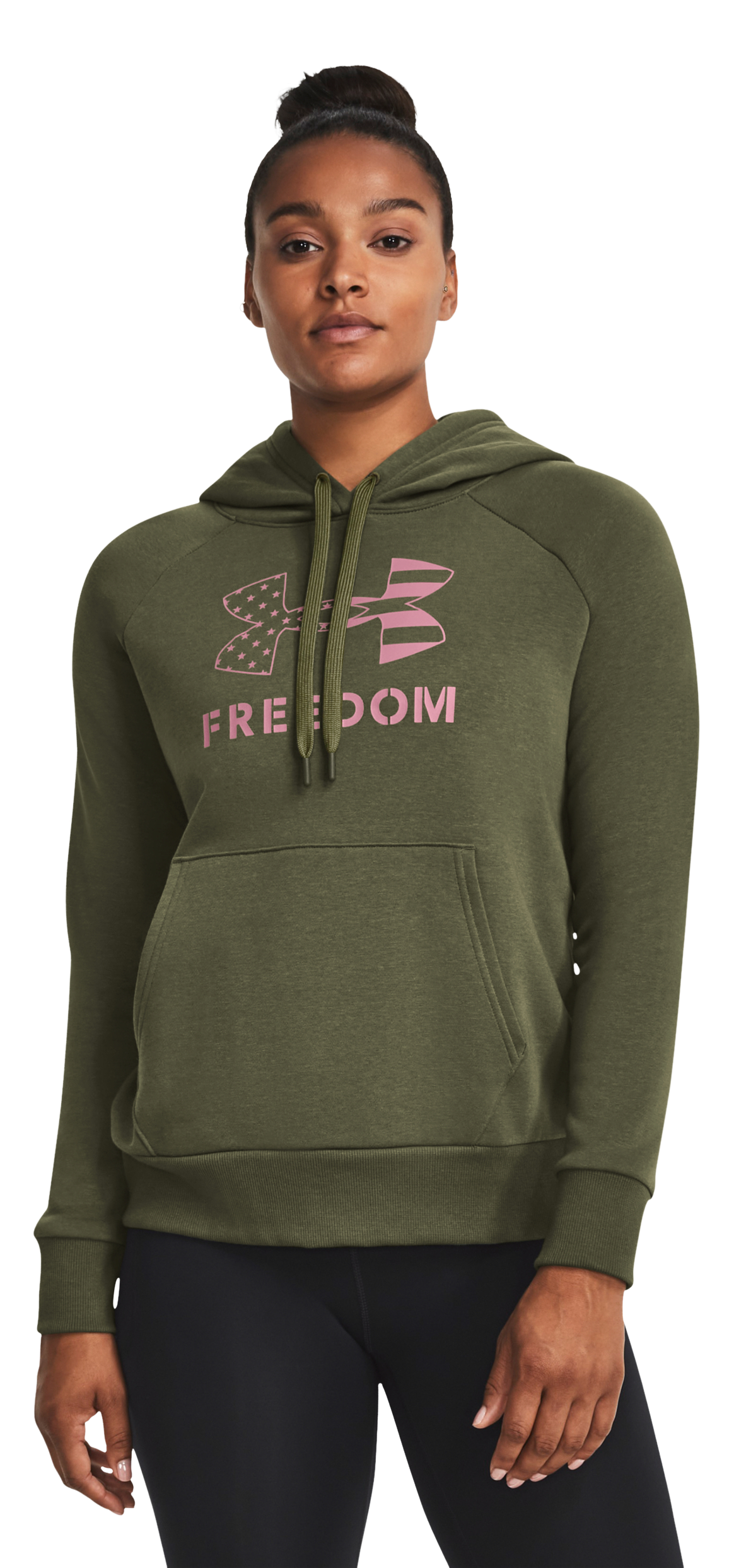 Image of Under Armour Freedom Logo Rival Long-Sleeve Hoodie for Ladies - Marine OD Green/Pink Elixir - S