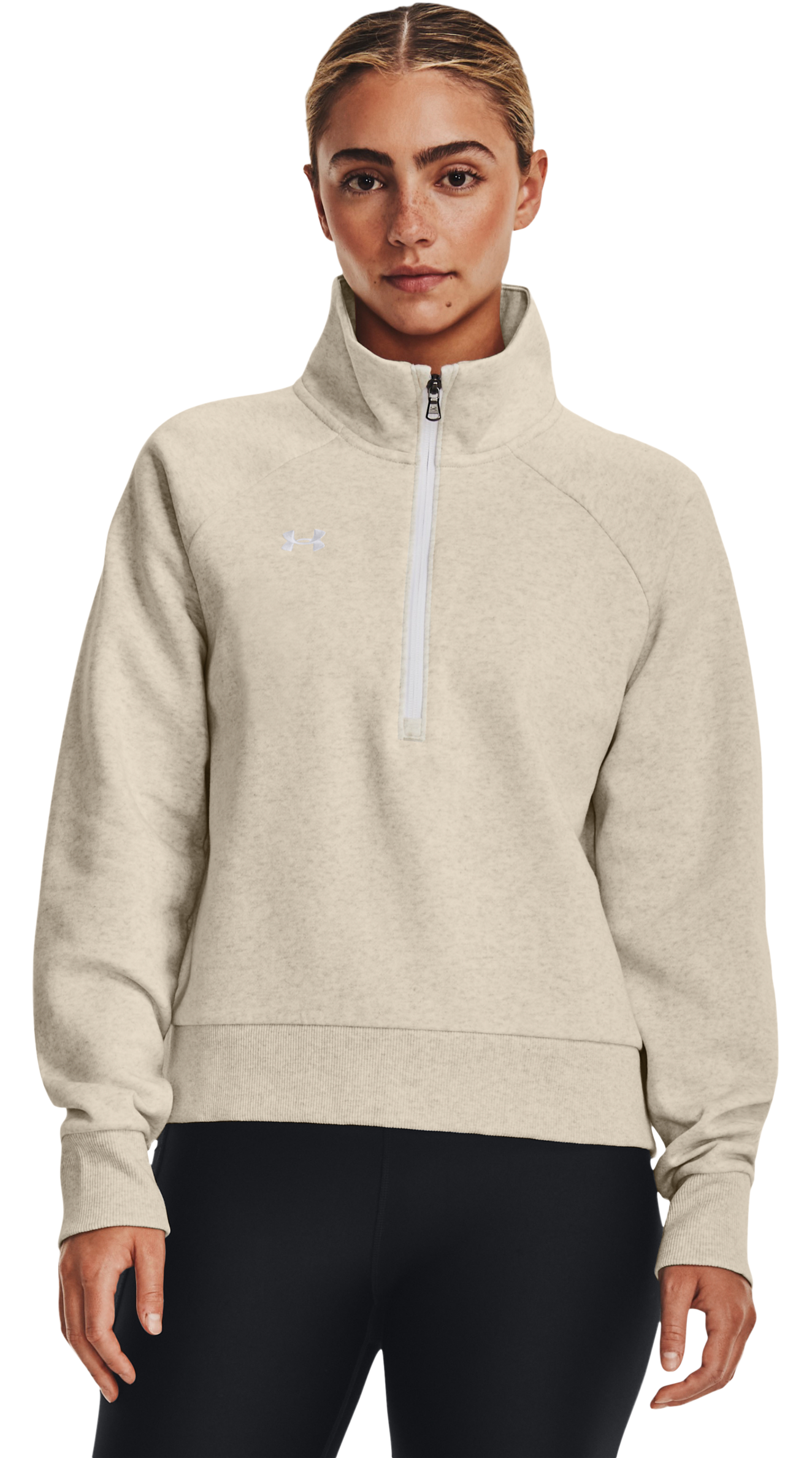 Image of Under Armour Rival Fleece Half-Zip Long-Sleeve Pullover for Ladies - Oatmeal Light Heather/White - L