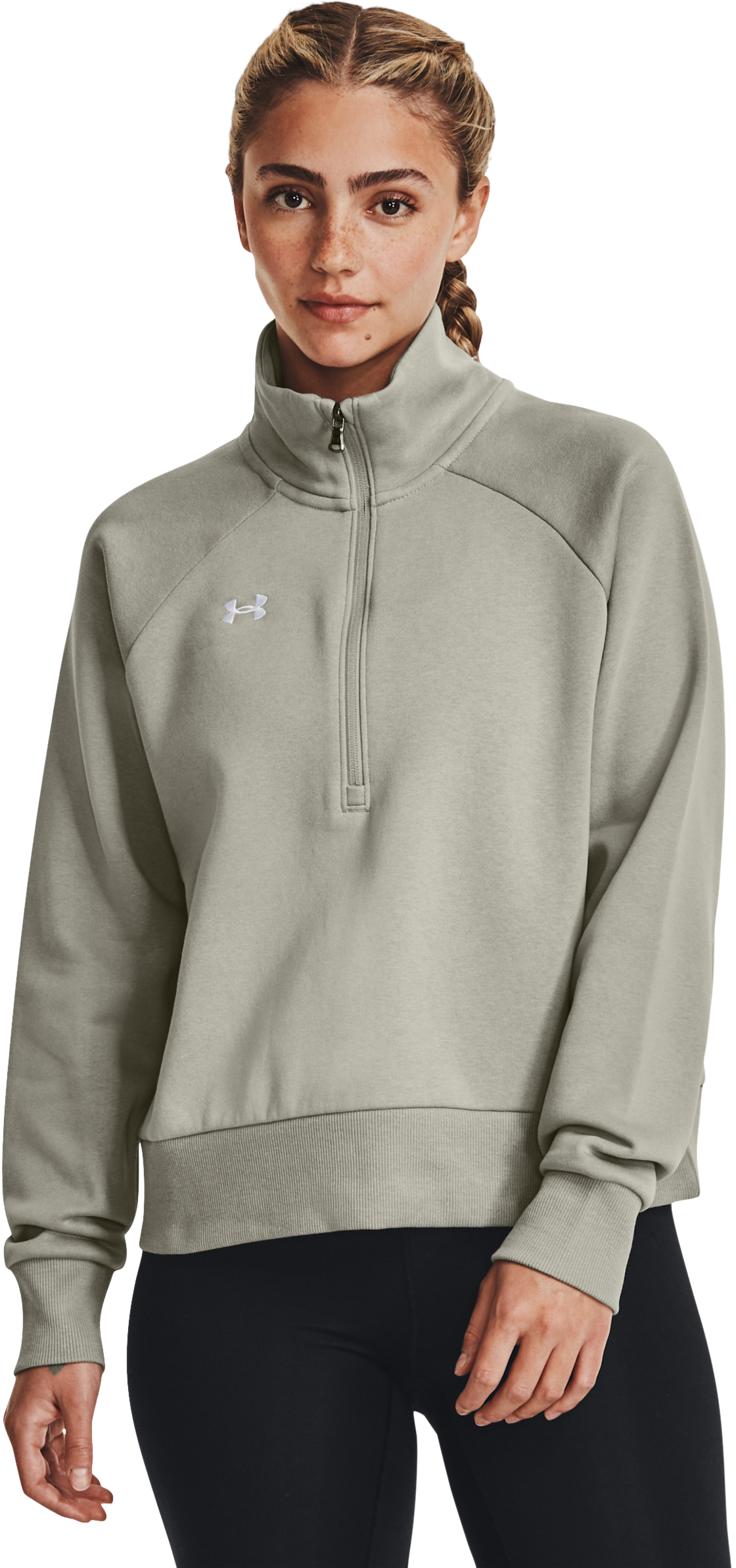 Image of Under Armour Rival Fleece Half-Zip Long-Sleeve Pullover for Ladies - Grove Green/White - XL