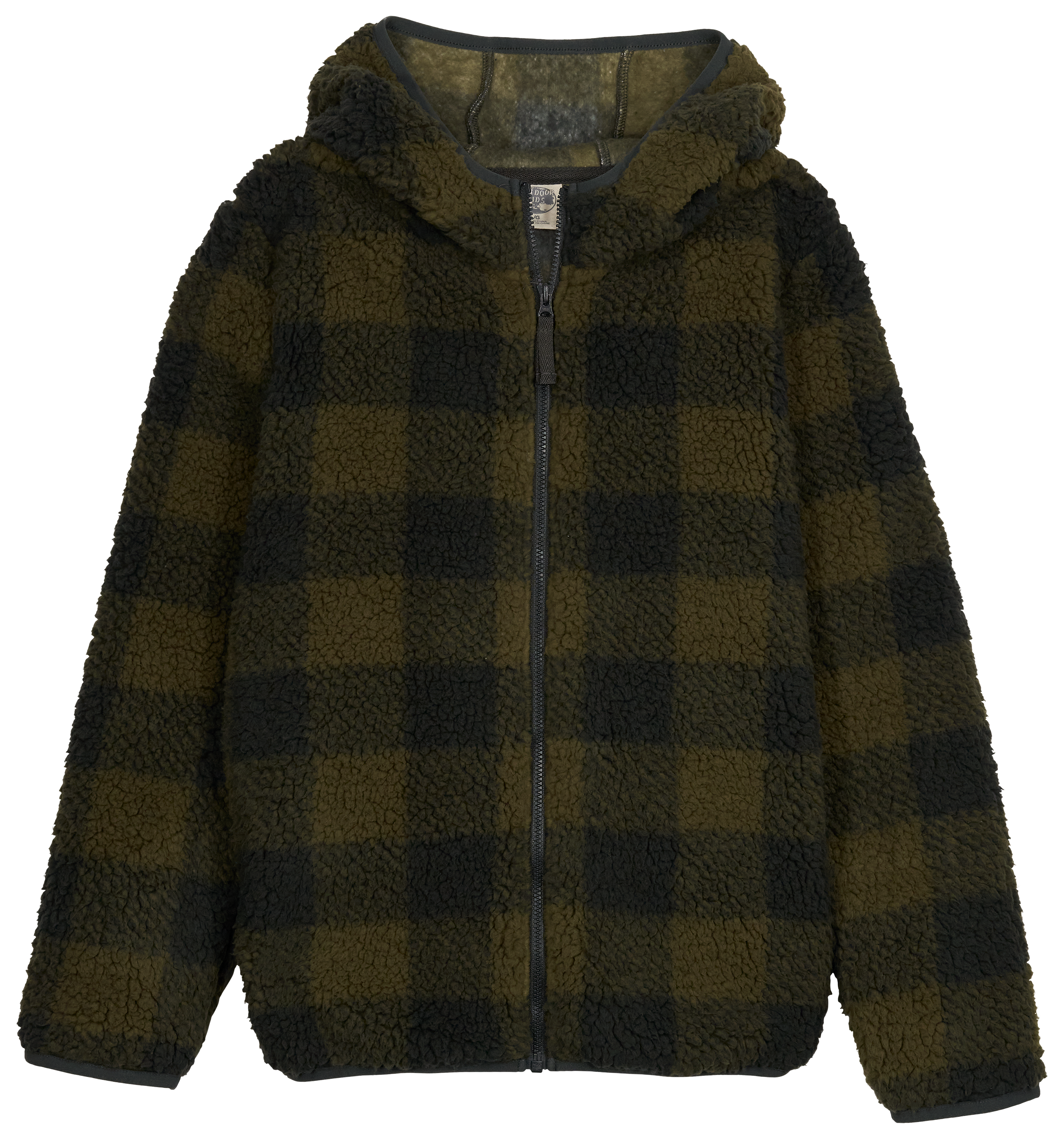 Image of Outdoor Kids Cozy Fleece Full-Zip Hoodie for Kids - Olive Plaid - XS