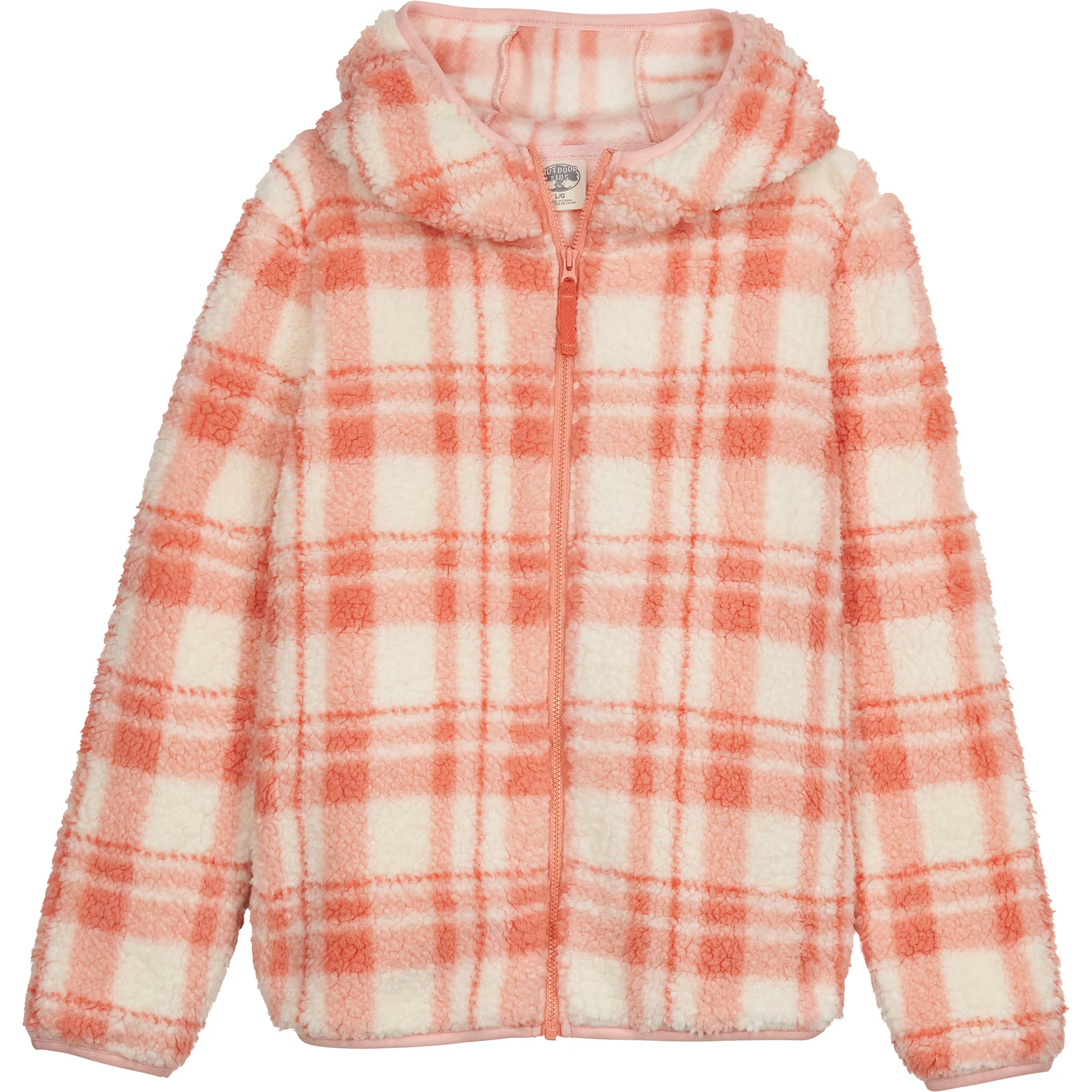 Image of Outdoor Kids Cozy Fleece Full-Zip Hoodie for Kids - Coral Plaid - S