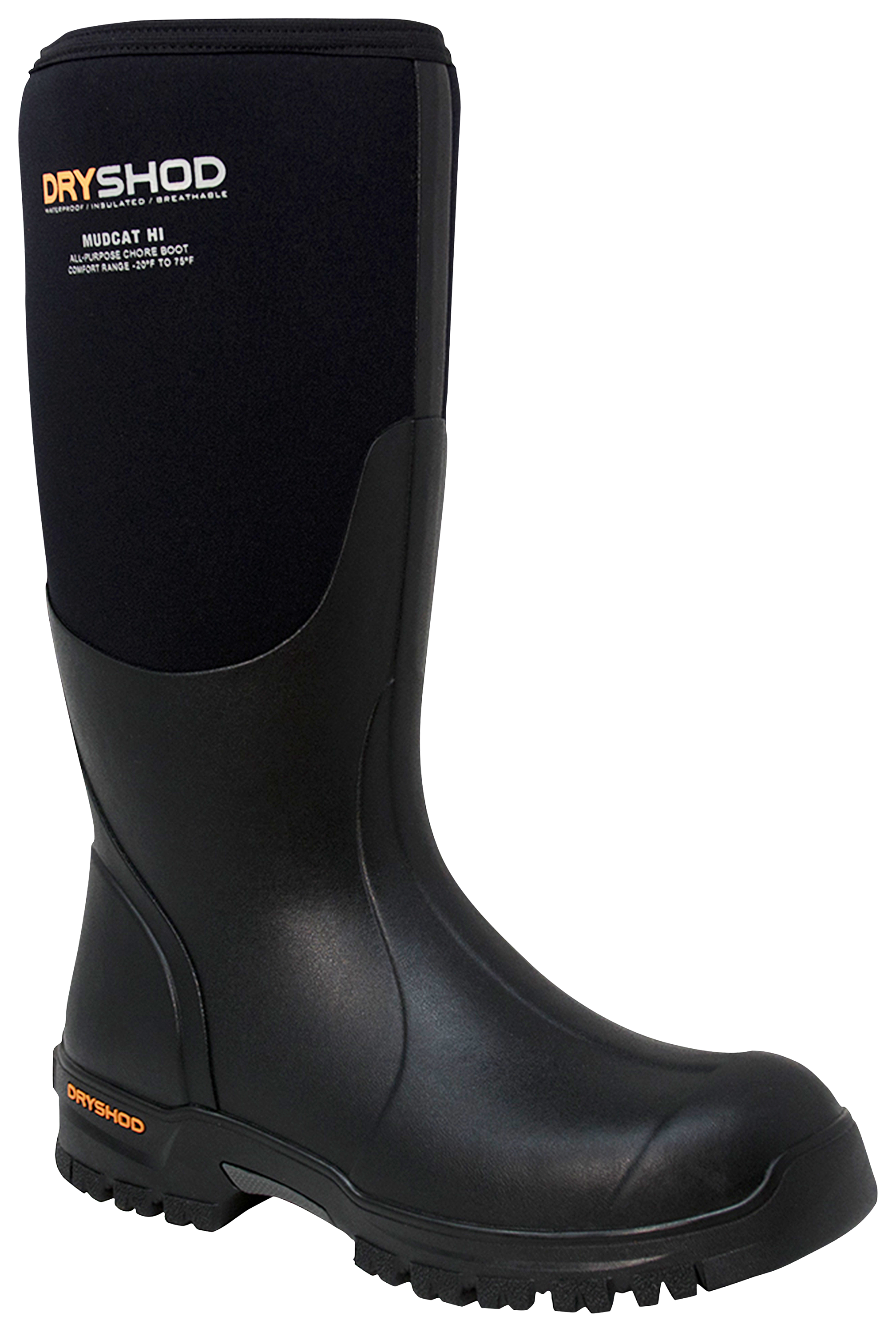 Image of Dryshod Mudcat Hi Waterproof Rubber Boots for Men - Black/Orange - 8M