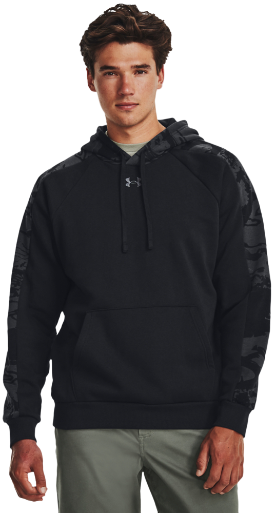 Image of Under Armour UA Rival Fleece Camo Blocked Long-Sleeve Hoodie for Men - Black/Pitch Gray - 2XL