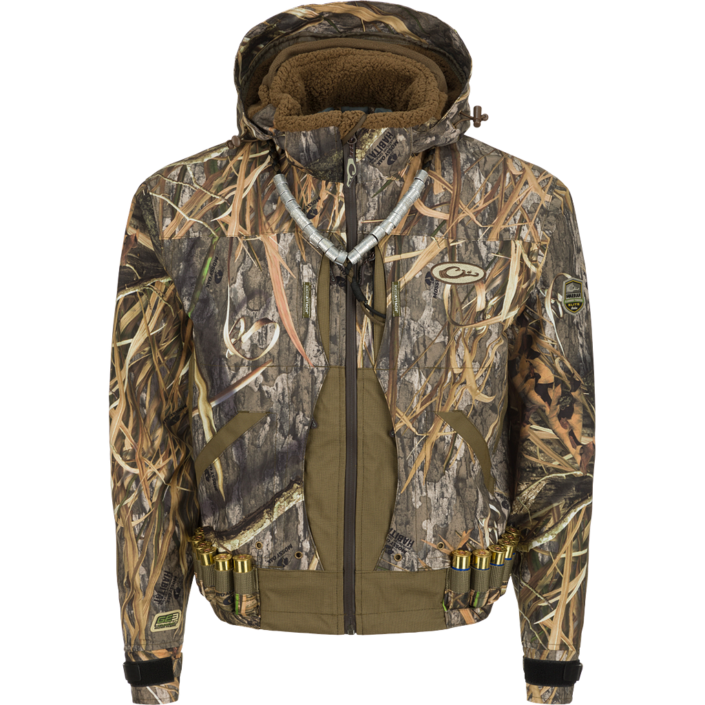 Drake Waterfowl Guardian Elite Flooded Timber Shell Weight Jacket for Men - Mossy Oak Shadow Grass Habitat - S
