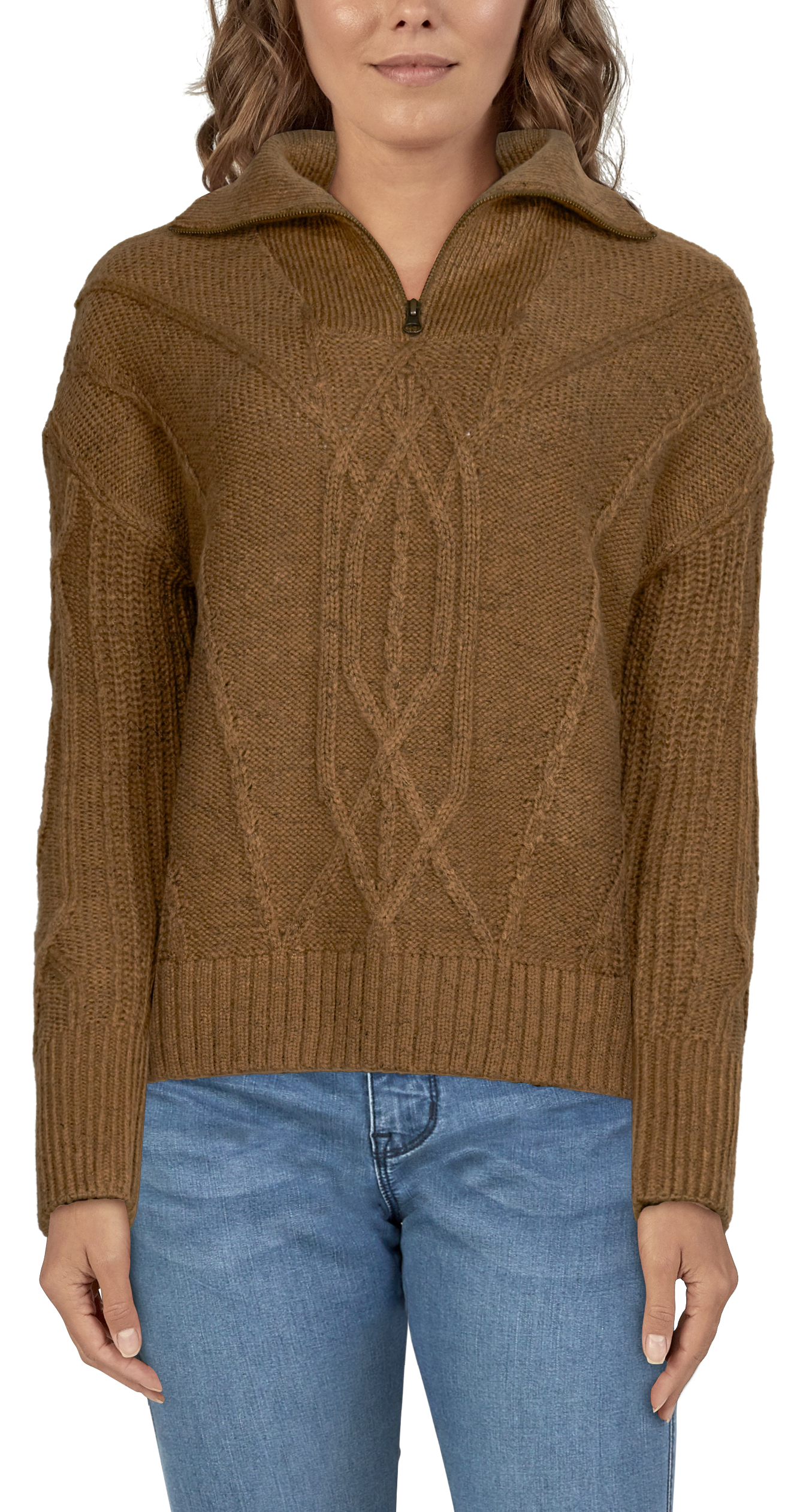 Image of Natural Reflections Cable Quarter-Zip Long-Sleeve Pullover - Toasted Coconut - XXL