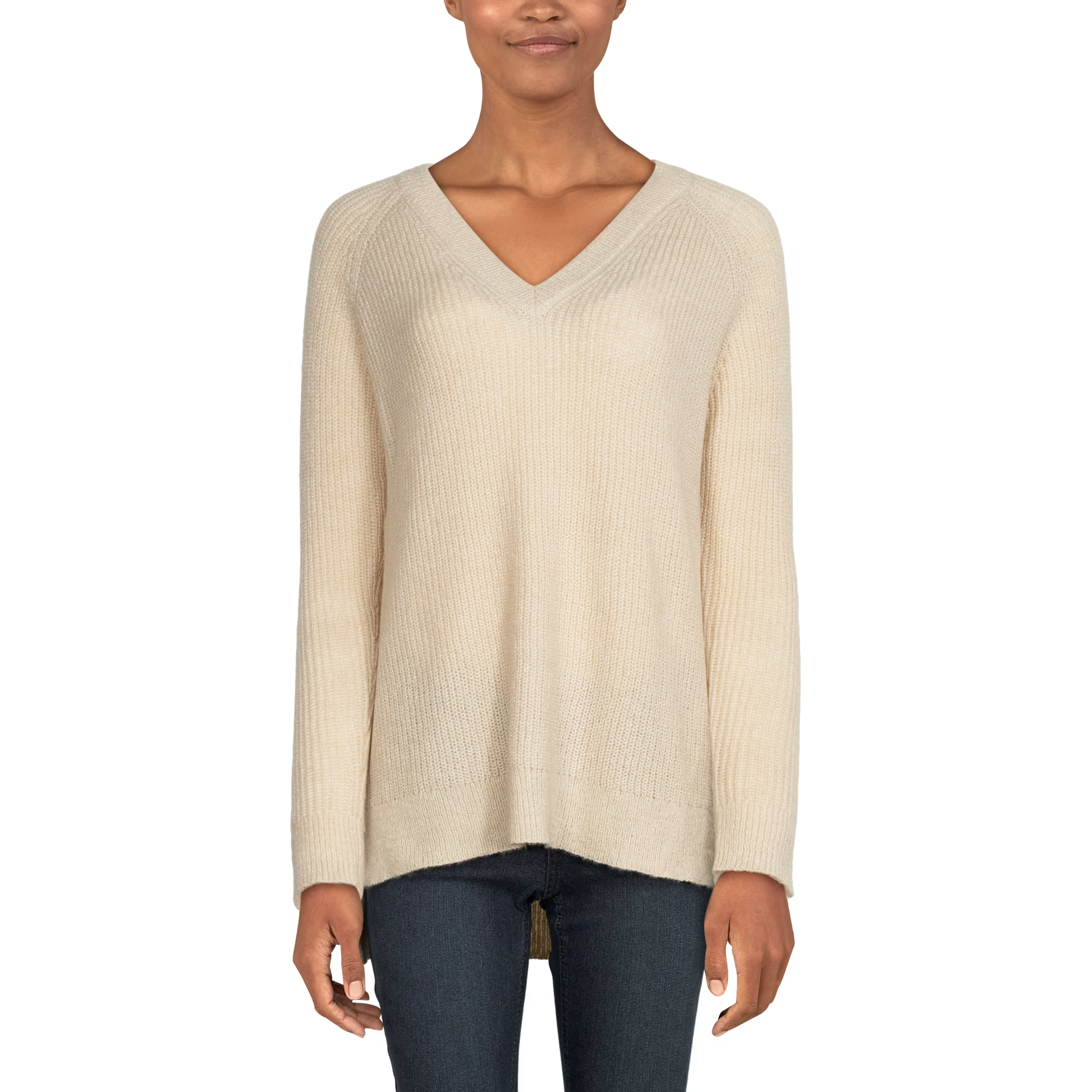 Image of Natural Reflections Ribbed V-Neck Raglan Long-Sleeve Sweater - Oatmeal - L