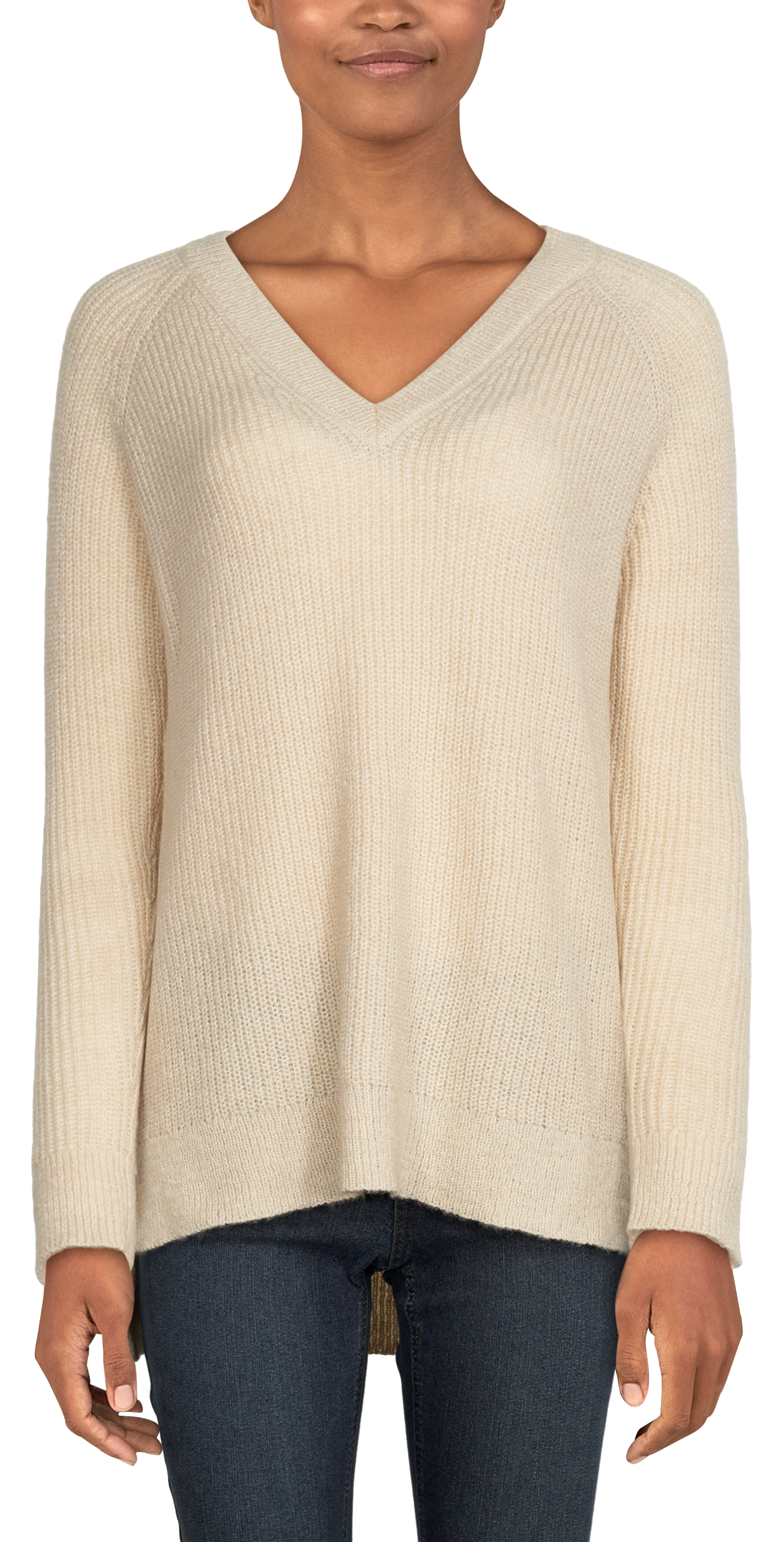 Natural Reflections Ribbed V-Neck Raglan Long-Sleeve Sweater for Ladies - Oatmeal