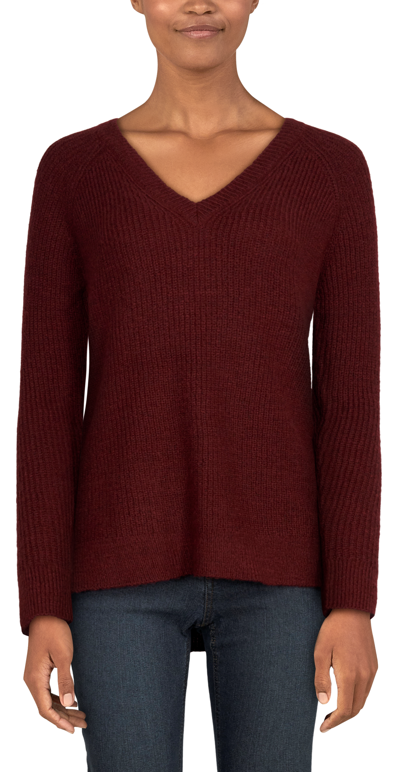 Natural Reflections Ribbed V-Neck Raglan Long-Sleeve Sweater for Ladies - Zinfandel