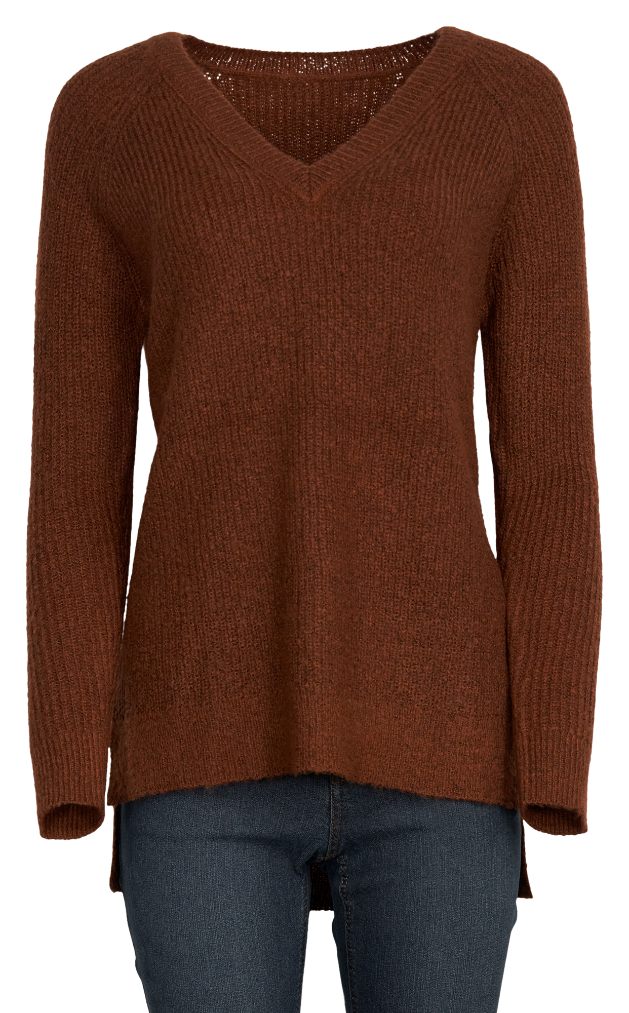 Image of Natural Reflections Ribbed V-Neck Raglan Long-Sleeve Sweater - Tortoise Shell