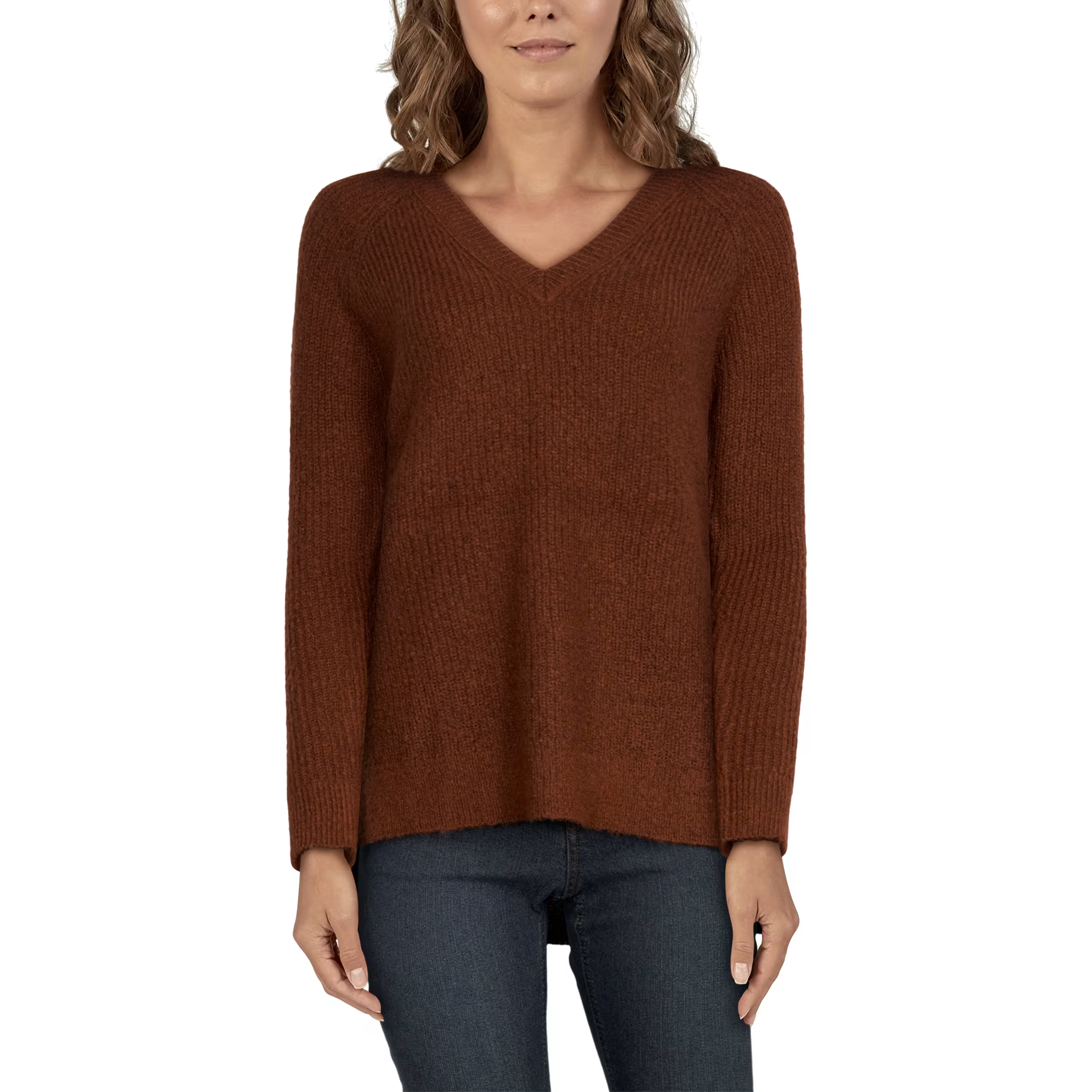 Image of Natural Reflections Ribbed V-Neck Raglan Long-Sleeve Sweater - Tortoise Shell