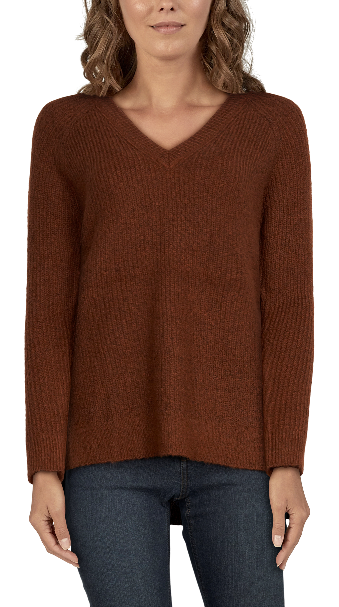 NATURAL REFLECTIONS Ribbed V-Neck Raglan Long-Sleeve Sweater for Ladies