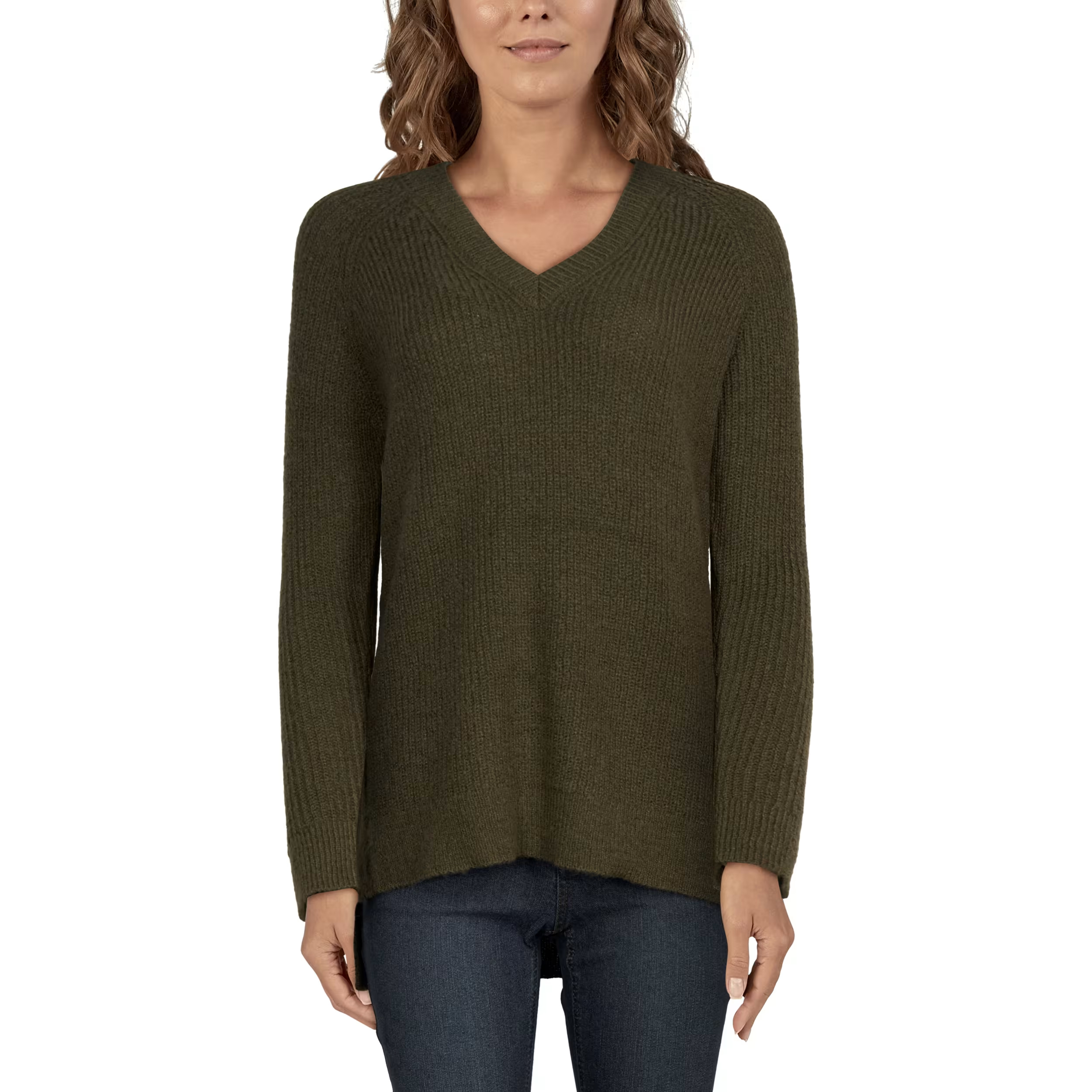 Natural Reflections Ribbed V-Neck Raglan Long-Sleeve Sweater for Ladies - Grape Leaf