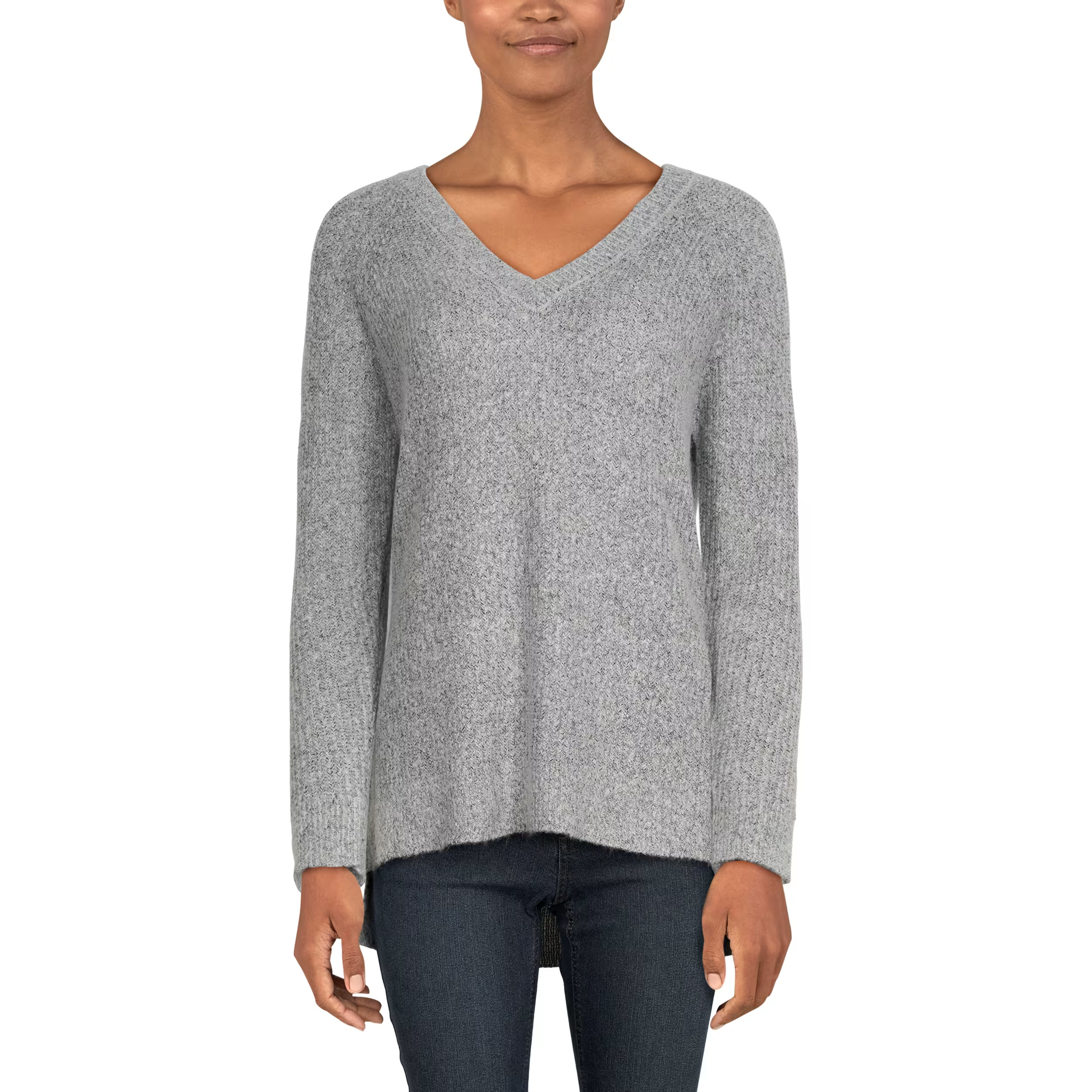 Image of Natural Reflections Ribbed V-Neck Raglan Long-Sleeve Sweater - Grey - S