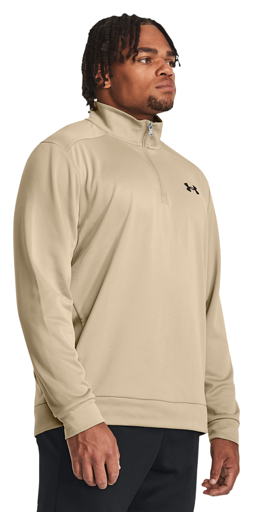 Image of Under Armour Fleece Quarter-Zip Long-Sleeve Pullover for Men - City Khaki/Black - S