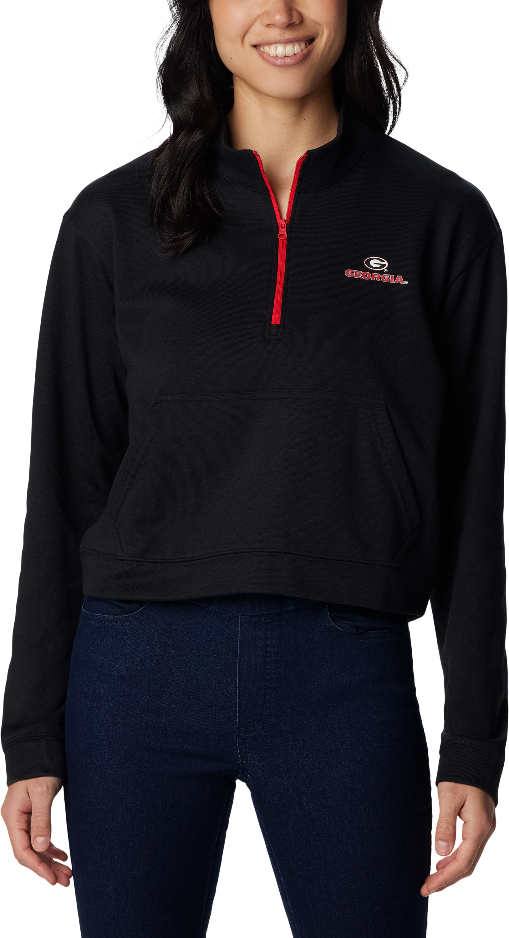 Image of Columbia Collegiate Trek French Terry Half-Zip Long-Sleeve Pullover for Ladies - University of Georgia/Black - S