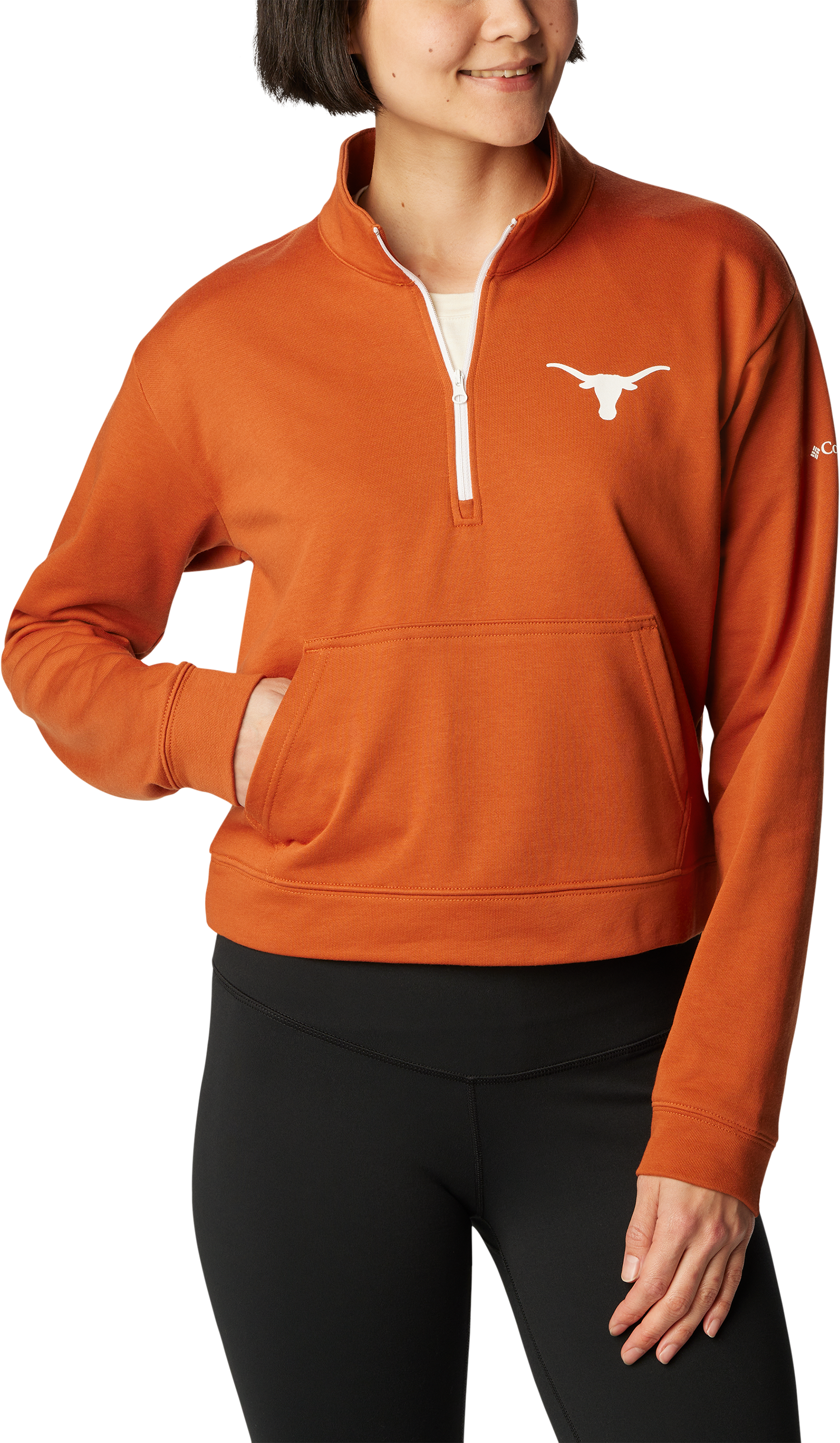 Image of Columbia Collegiate Trek French Terry Half-Zip Long-Sleeve Pullover for Ladies - University of Texas/Cedar - XL