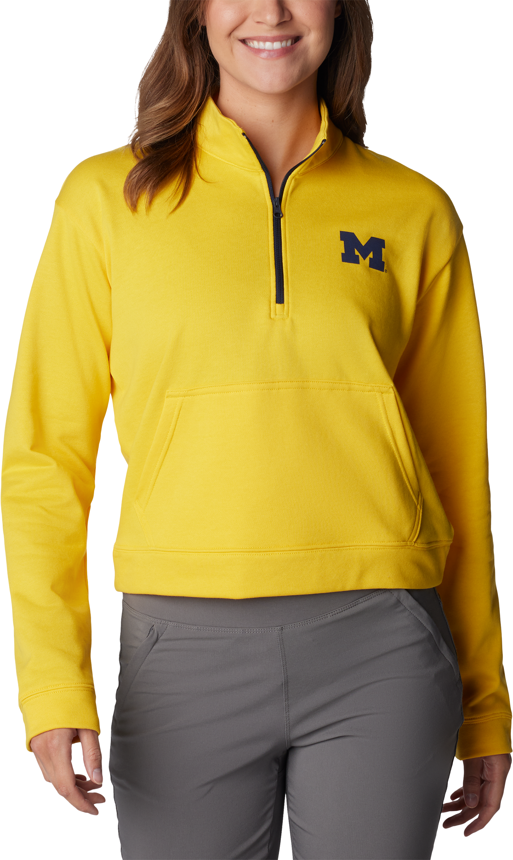 Image of Columbia Collegiate Trek French Terry Half-Zip Long-Sleeve Pullover for Ladies - University of Michigan/Yellow - S