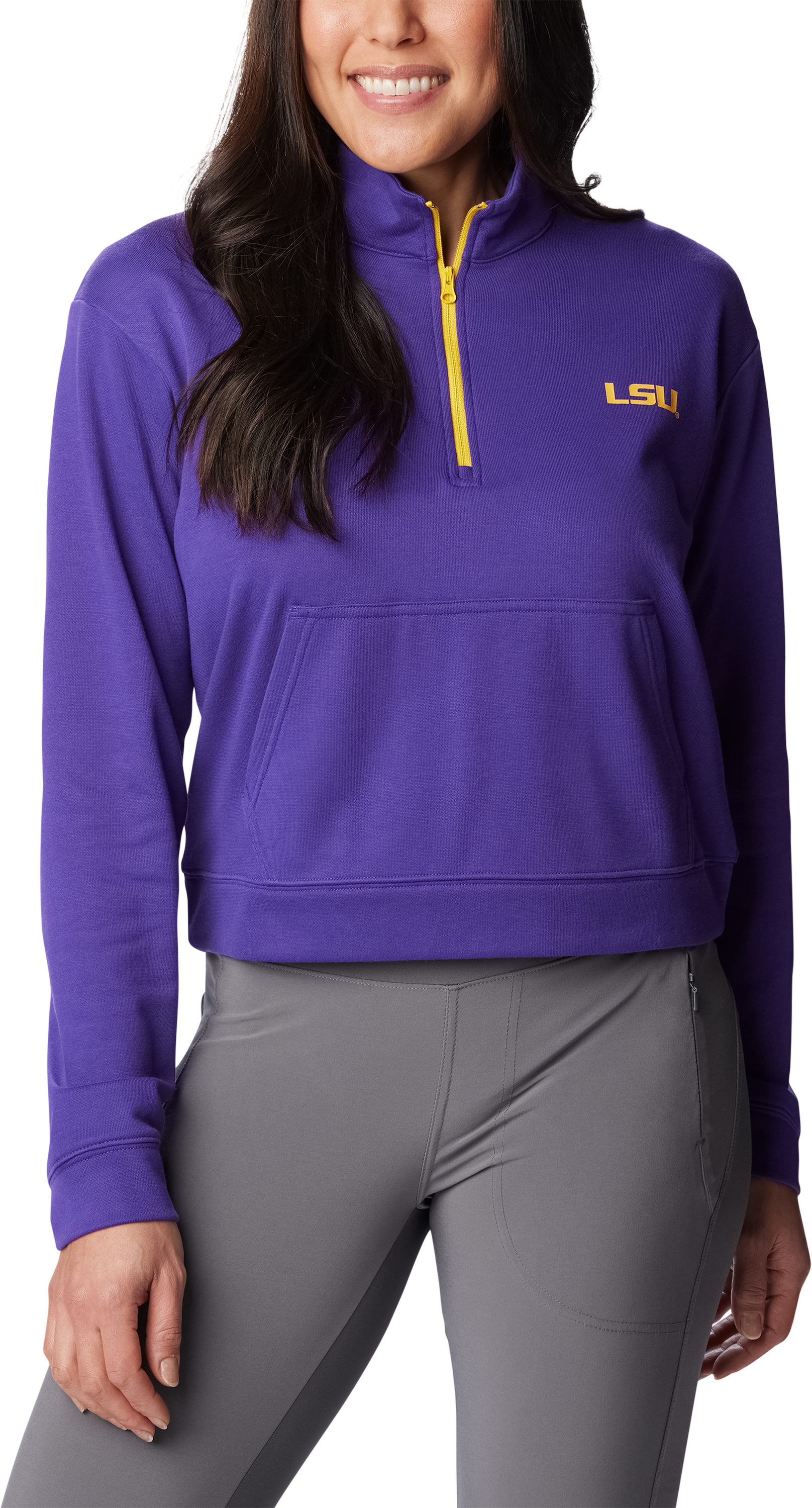 Image of Columbia Collegiate Trek French Terry Half-Zip Long-Sleeve Pullover for Ladies - Louisiana State University/Vivid Purple - M