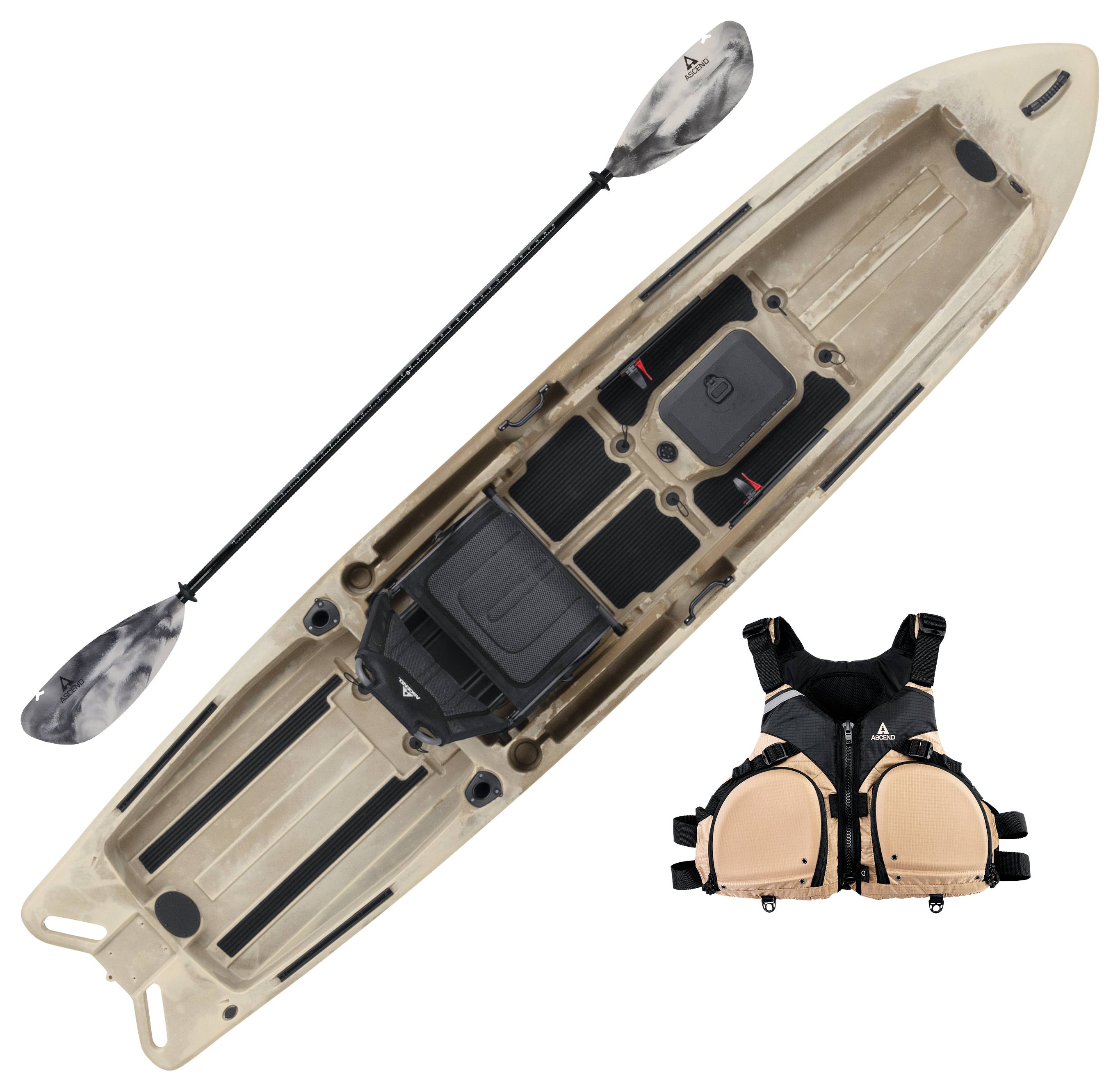 Ascend 128X Desert Storm Sit-on-Top Kayak with Yak-Power Fishing Package