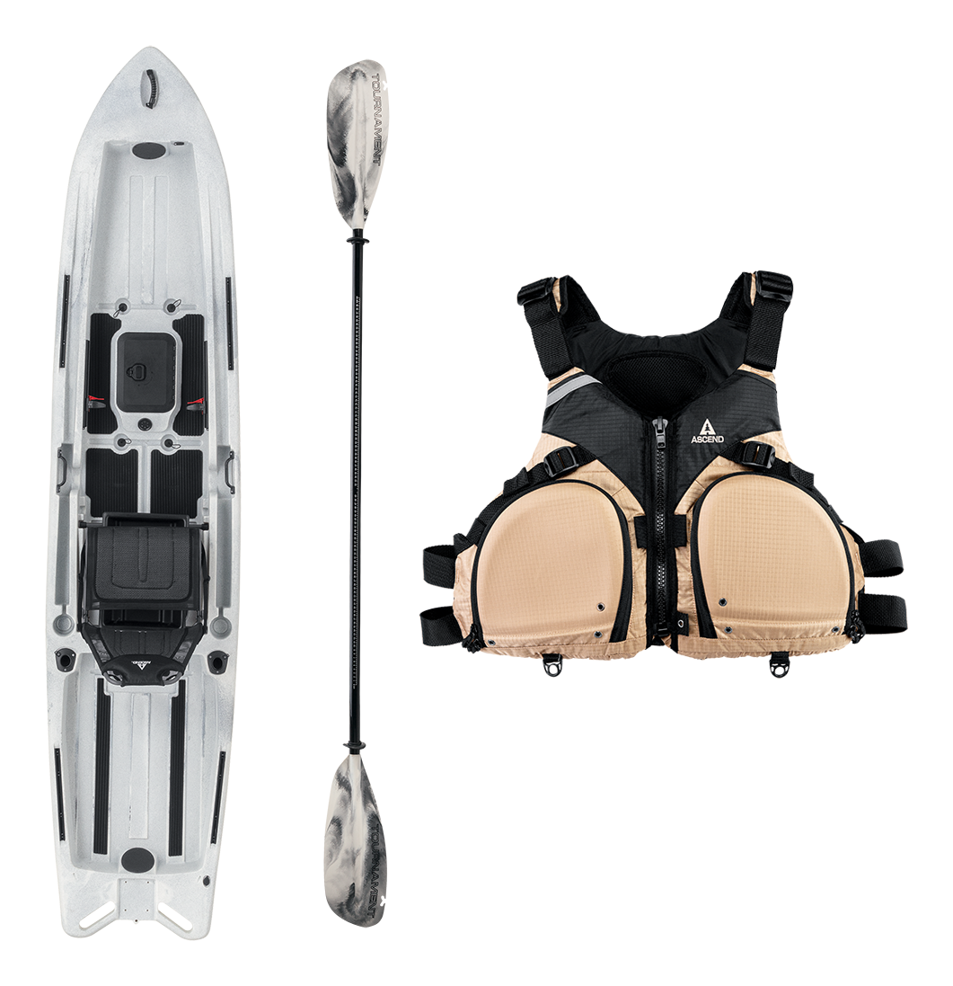 Ascend 128X White Sit-on-Top Kayak with Yak-Power Fishing Package