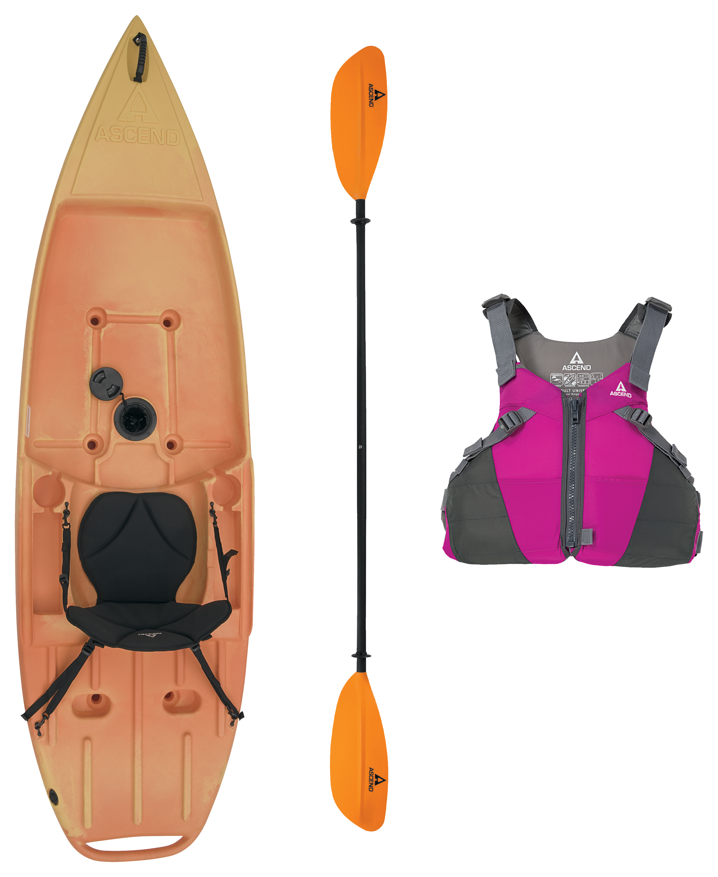 Ascend 9R Sport Yellow/Orange Sit-On-Top Kayak, Paddle, and Life Jacket Combo