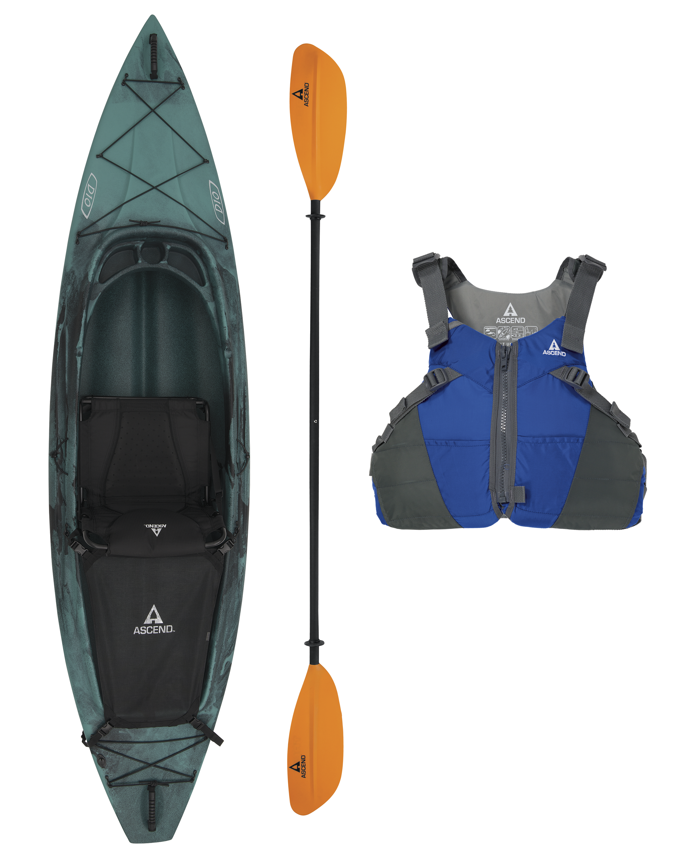 Ascend D10 Aqua Blue Sit-In Kayak, Paddle, and Life Jacket Package