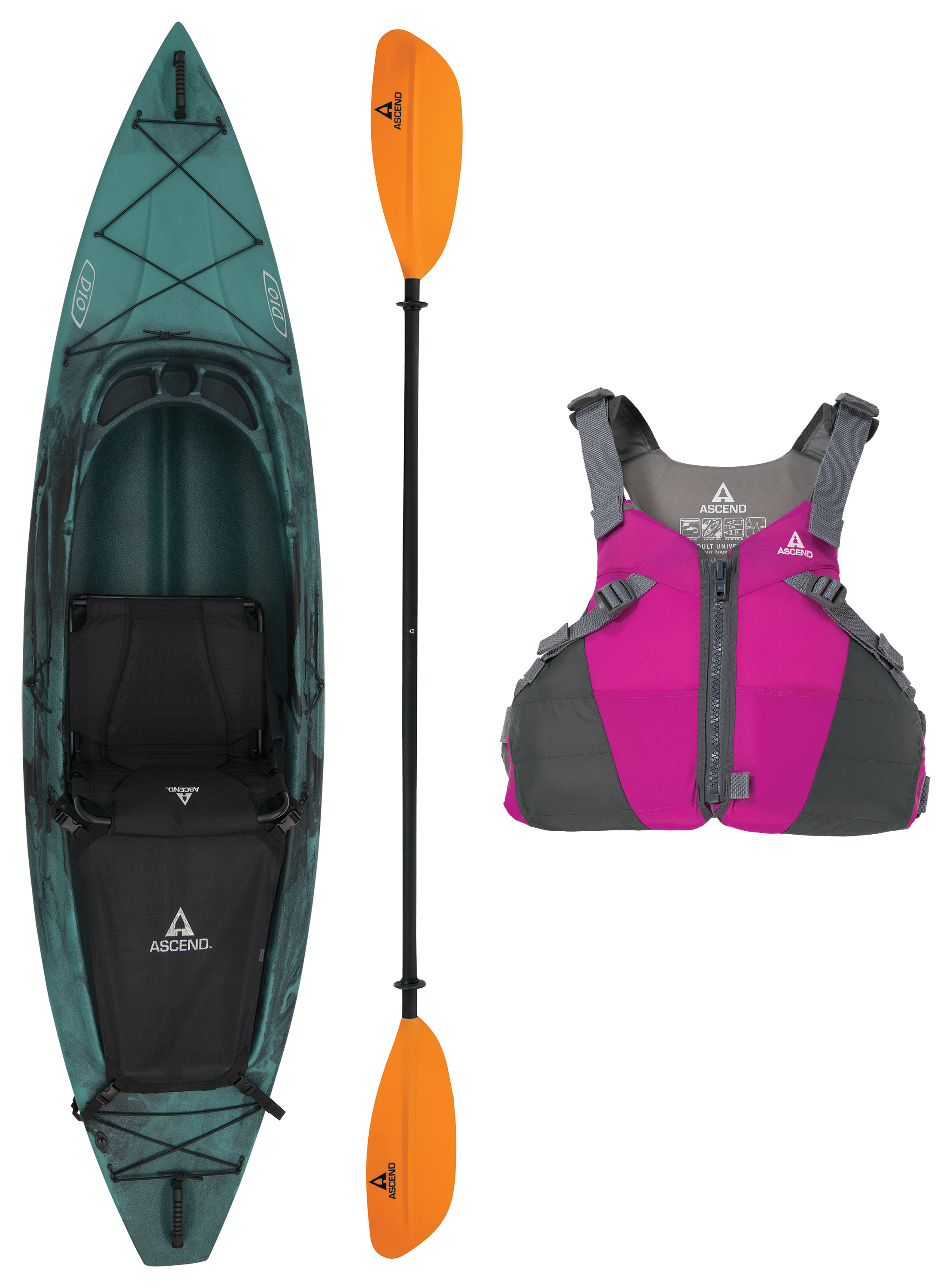 Ascend D10 Aqua Blue Sit-In Kayak, Paddle, and Violet Life Jacket Package