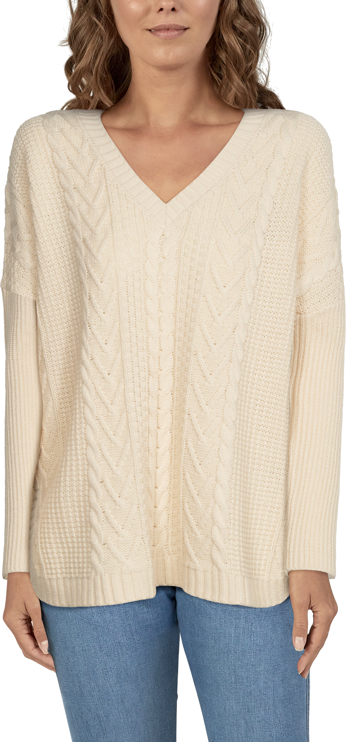 Image of Natural Reflections Cable Pullover V-Neck Long-Sleeve Sweater for Ladies - Oatmeal Heather - XXL