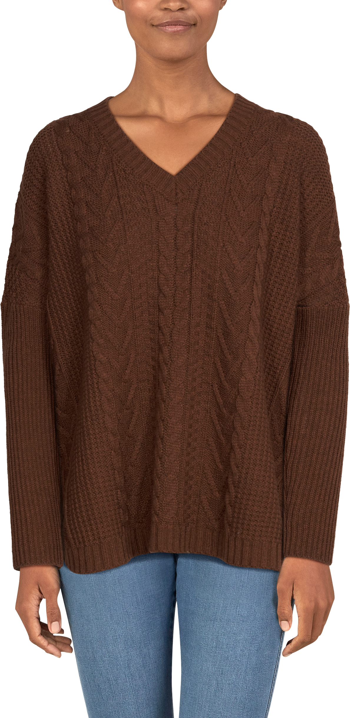 Image of Natural Reflections Cable Pullover V-Neck Long-Sleeve Sweater for Ladies - Brown Heather - S