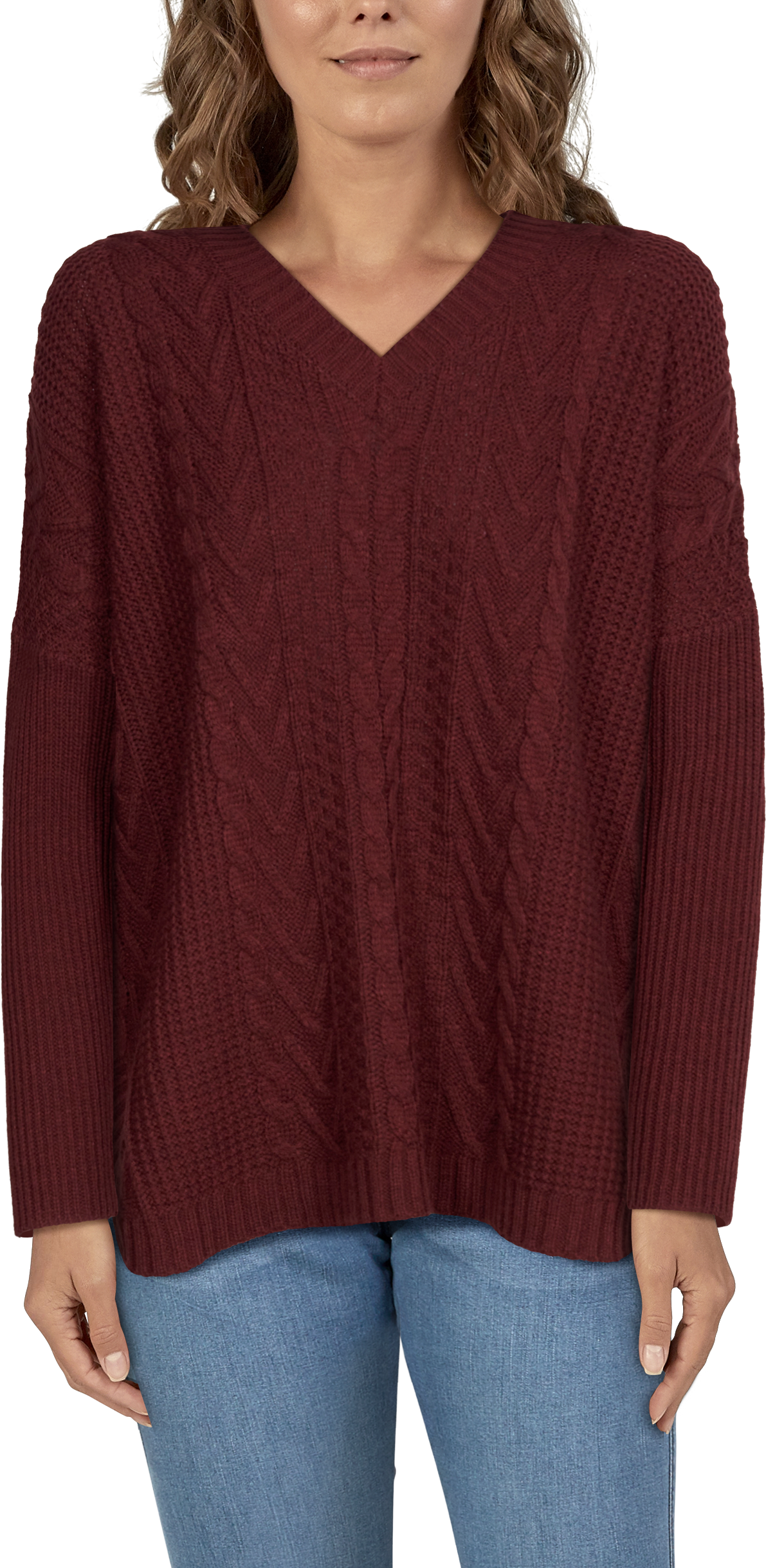 Image of Natural Reflections Cable Pullover V-Neck Long-Sleeve Sweater for Ladies - Cabernet Heather - S