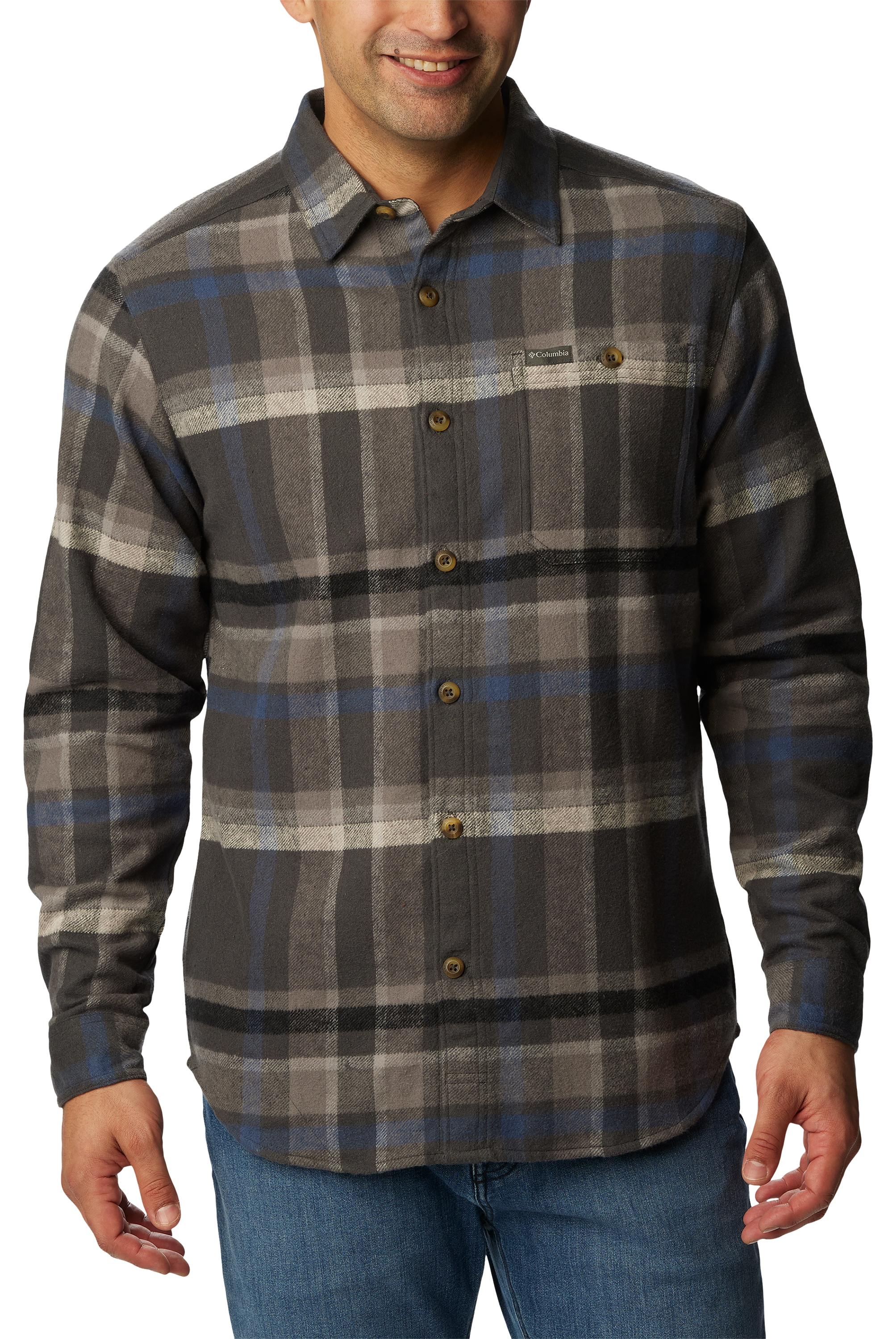 Image of Columbia Pitchstone Heavyweight Long-Sleeve Flannel Shirt for Men - Shark Macro Multi