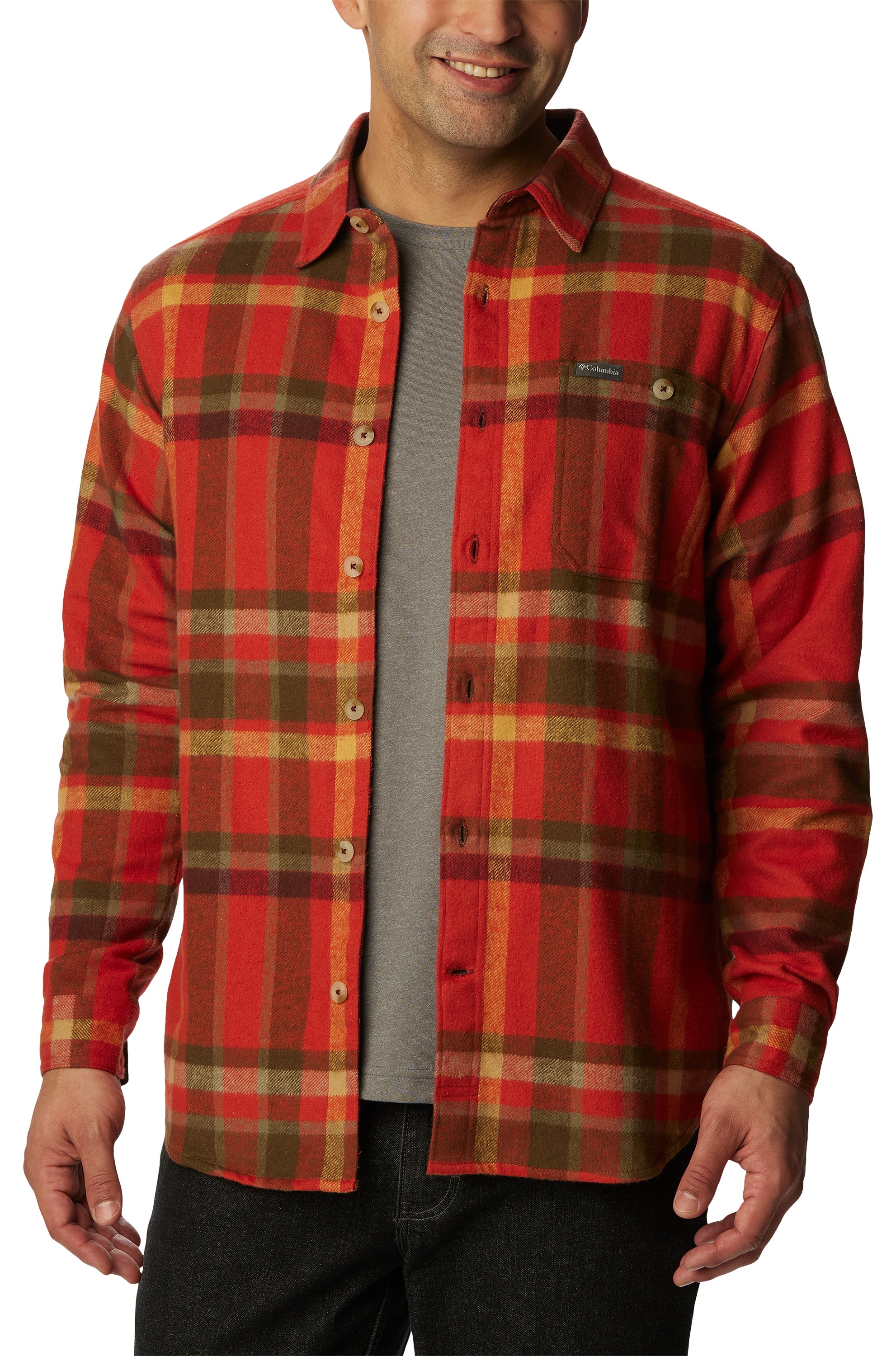 Image of Columbia Pitchstone Heavyweight Long-Sleeve Flannel Shirt for Men - Warp Red Macro Multi