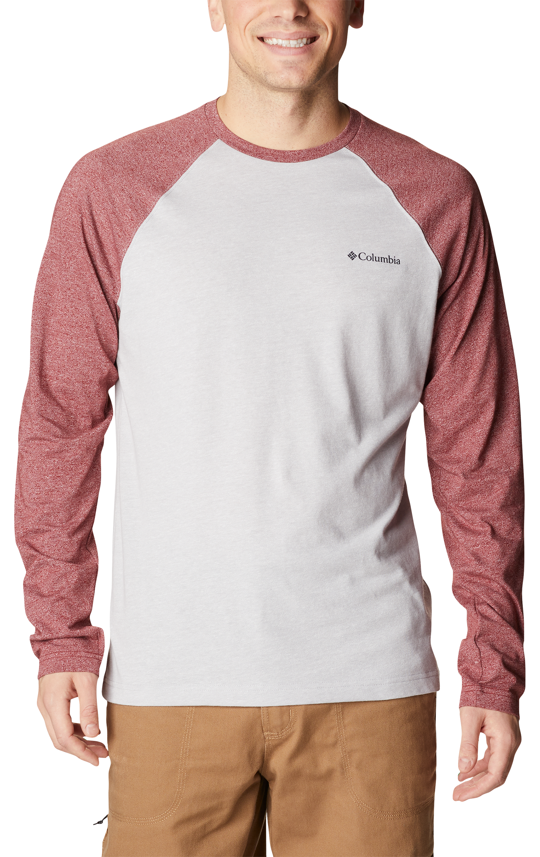 Image of Columbia Thistletown Hills Raglan Long-Sleeve Shirt for Men - Columbia Grey Heather/Red Jasper Heather