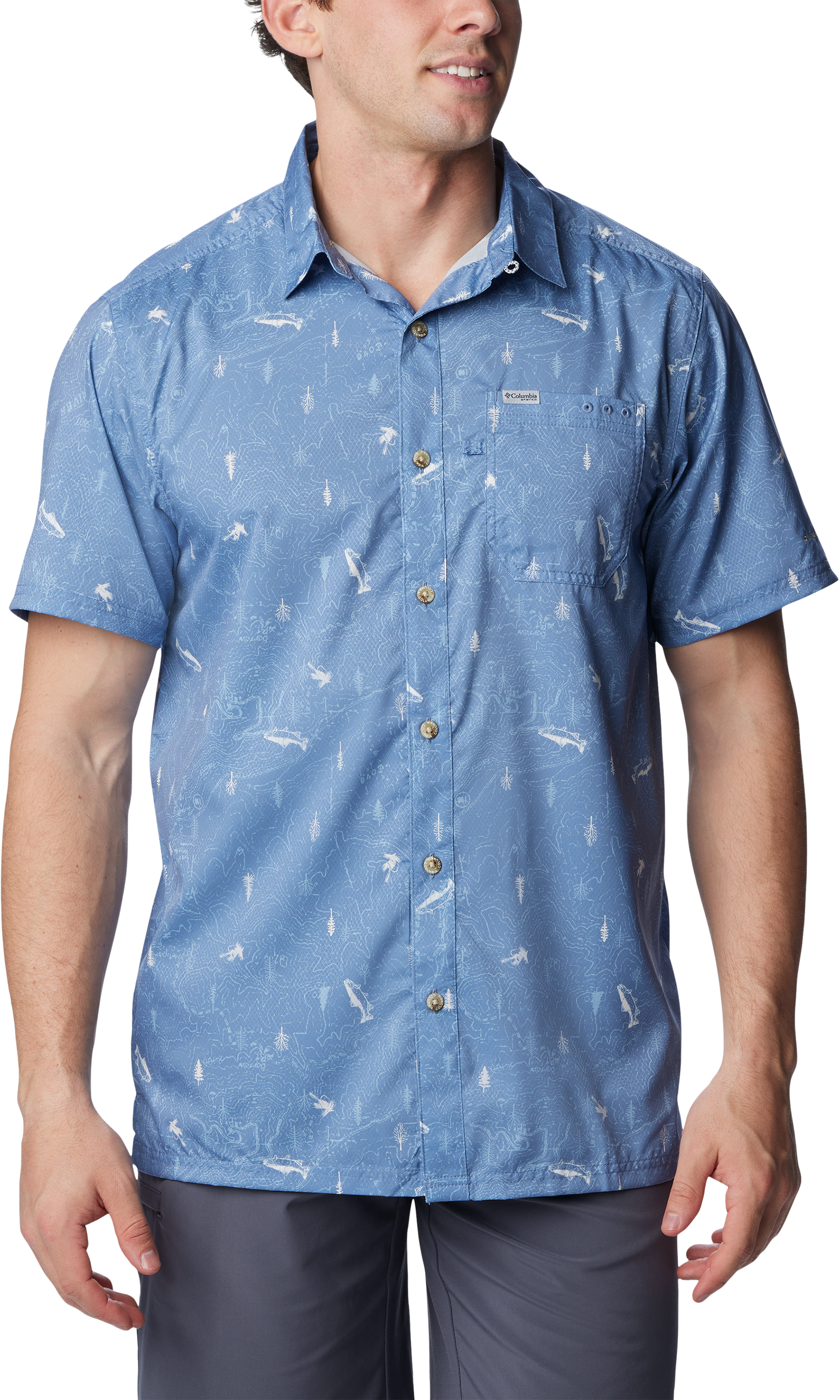 Image of Columbia Super Slack Tide Camp Short-Sleeve Shirt for Men - Bluestone Trout N About Print - S