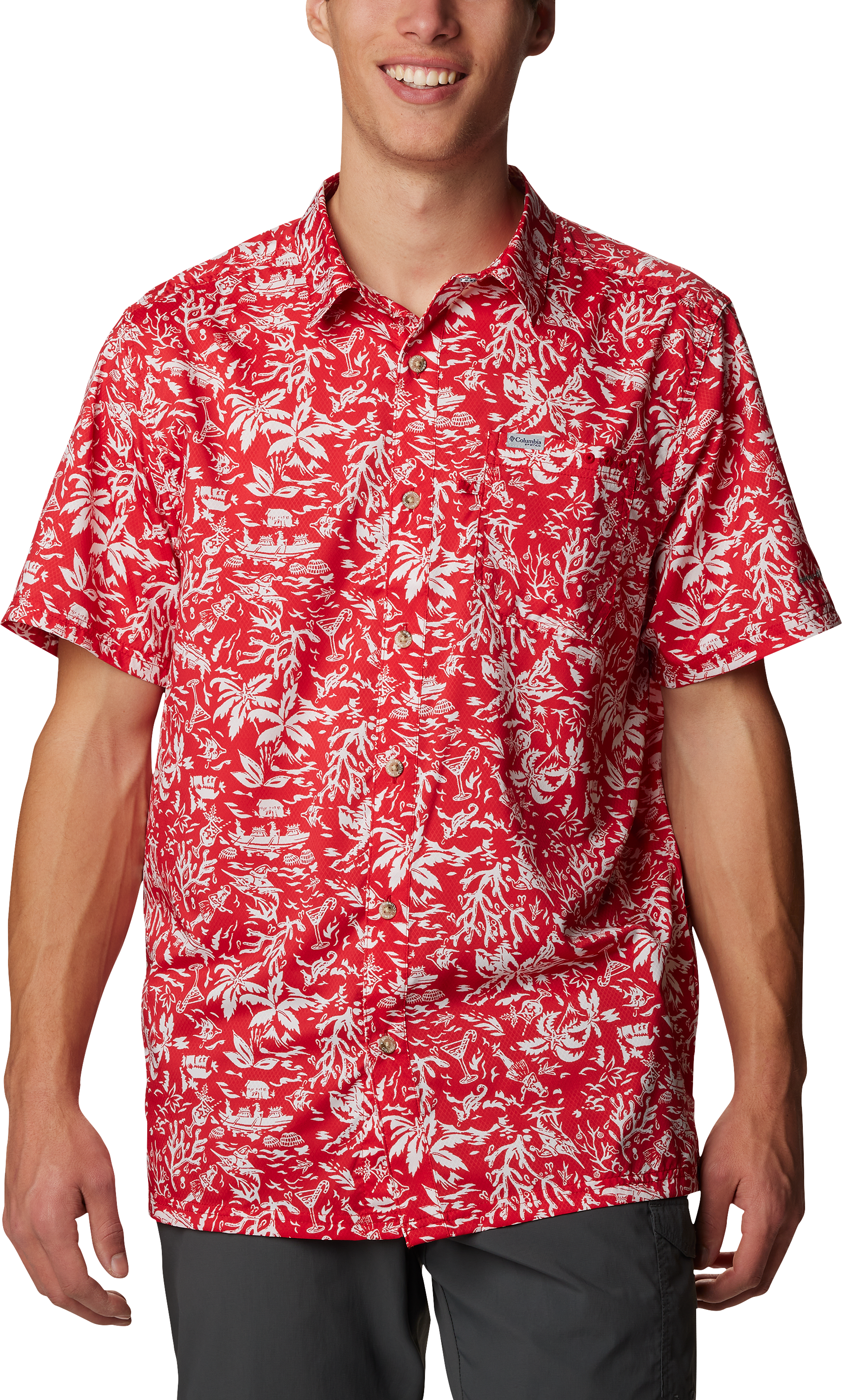 Image of Columbia Super Slack Tide Camp Short-Sleeve Shirt for Men - Red Spark Kona Kalikimaka Print - S