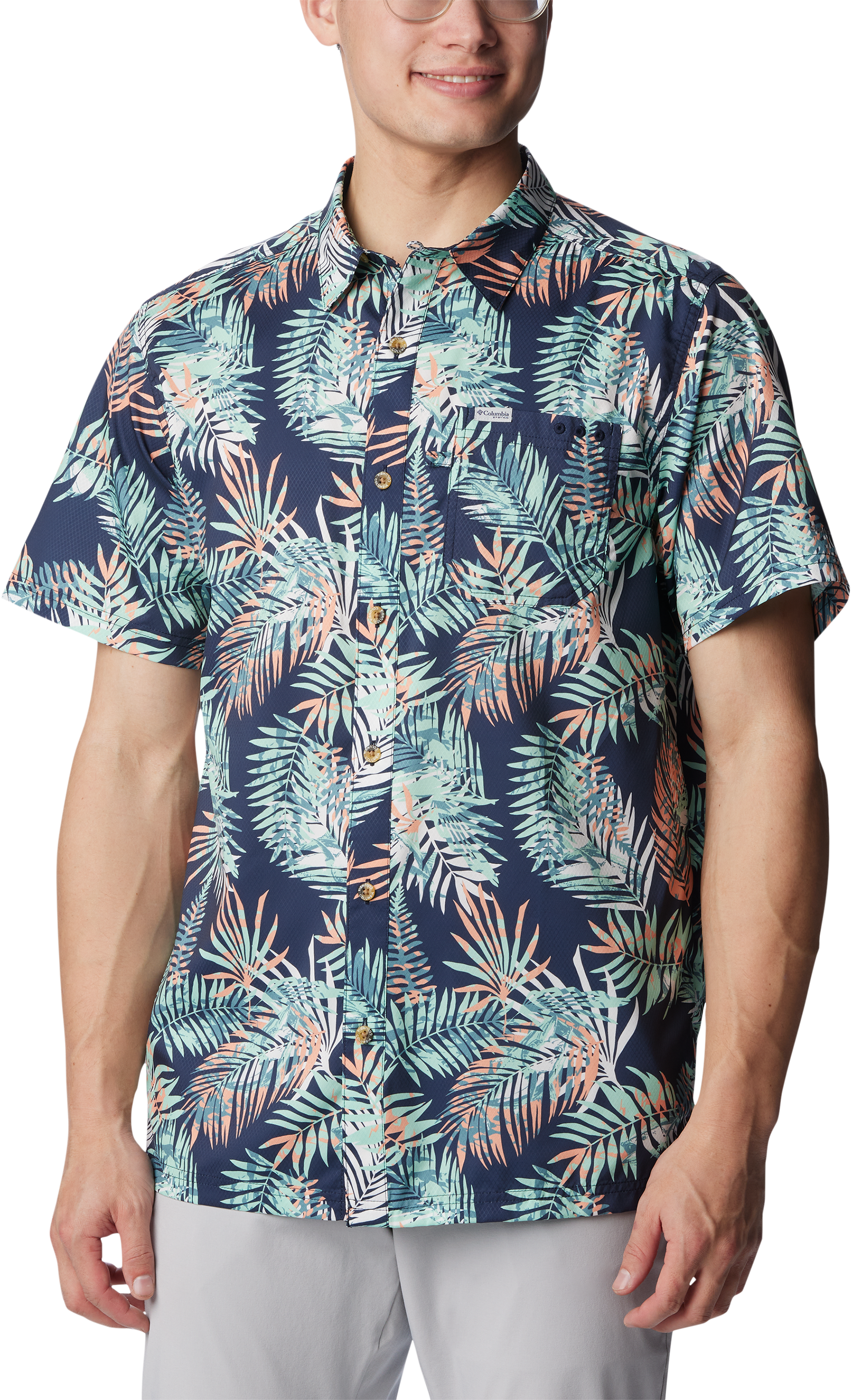 Image of Columbia Super Slack Tide Camp Short-Sleeve Shirt for Men - Mint Cay Tunatropic Print - S