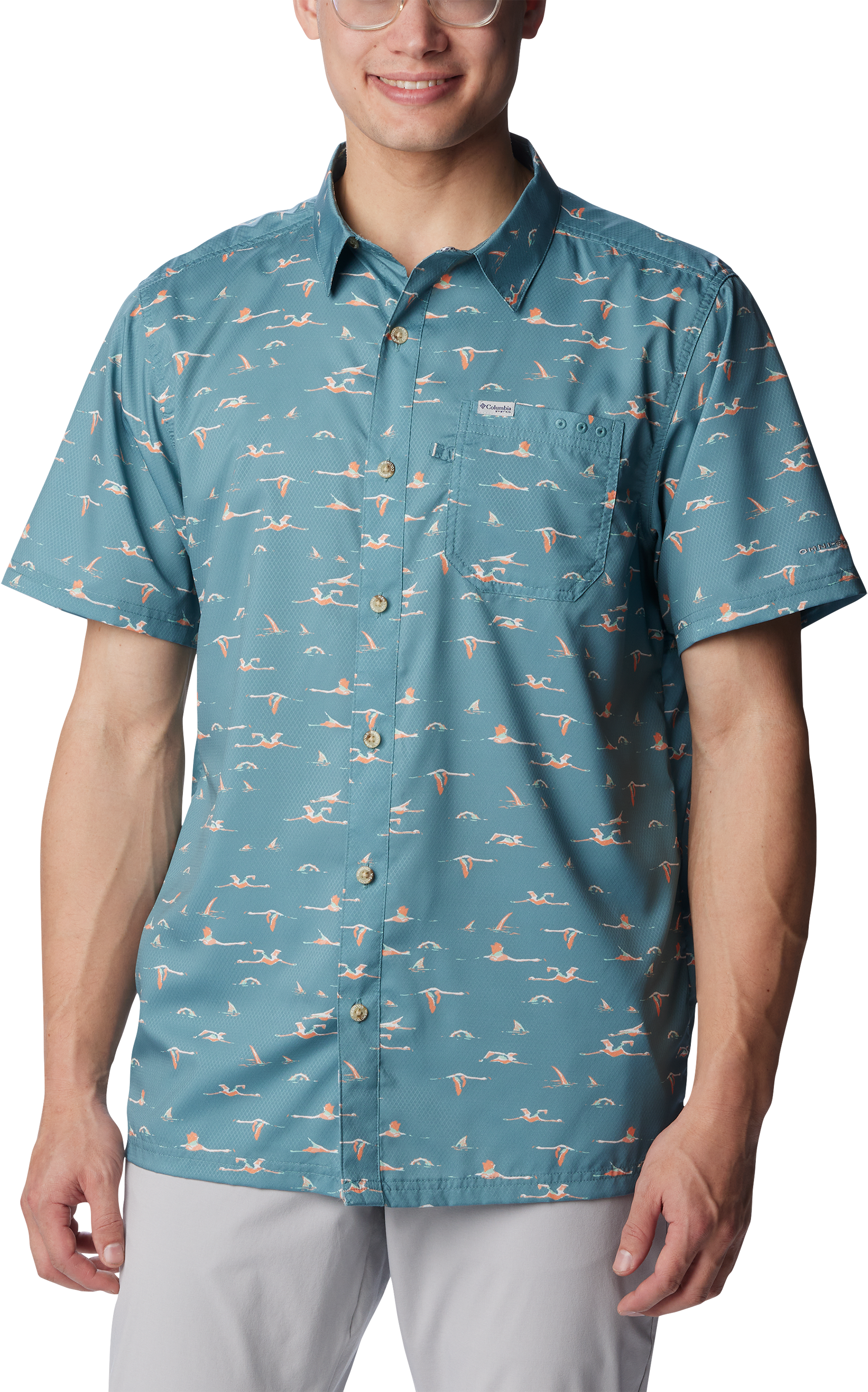 Image of Columbia Super Slack Tide Camp Short-Sleeve Shirt for Men - Tranquil Teal Tailfins Print - S