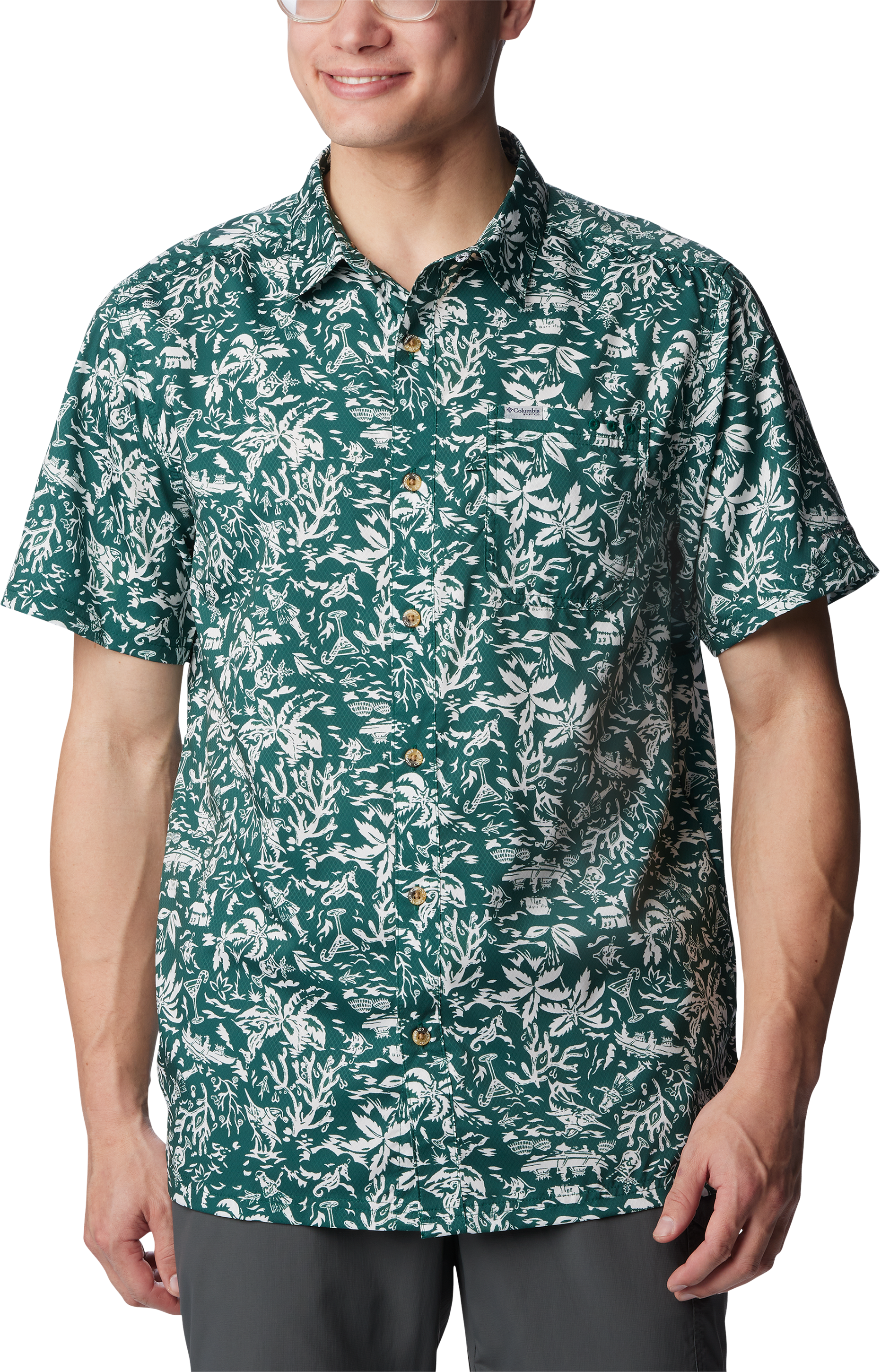 Image of Columbia Super Slack Tide Camp Short-Sleeve Shirt for Men - Dark Ivy Kona Kalikimaka Print - S