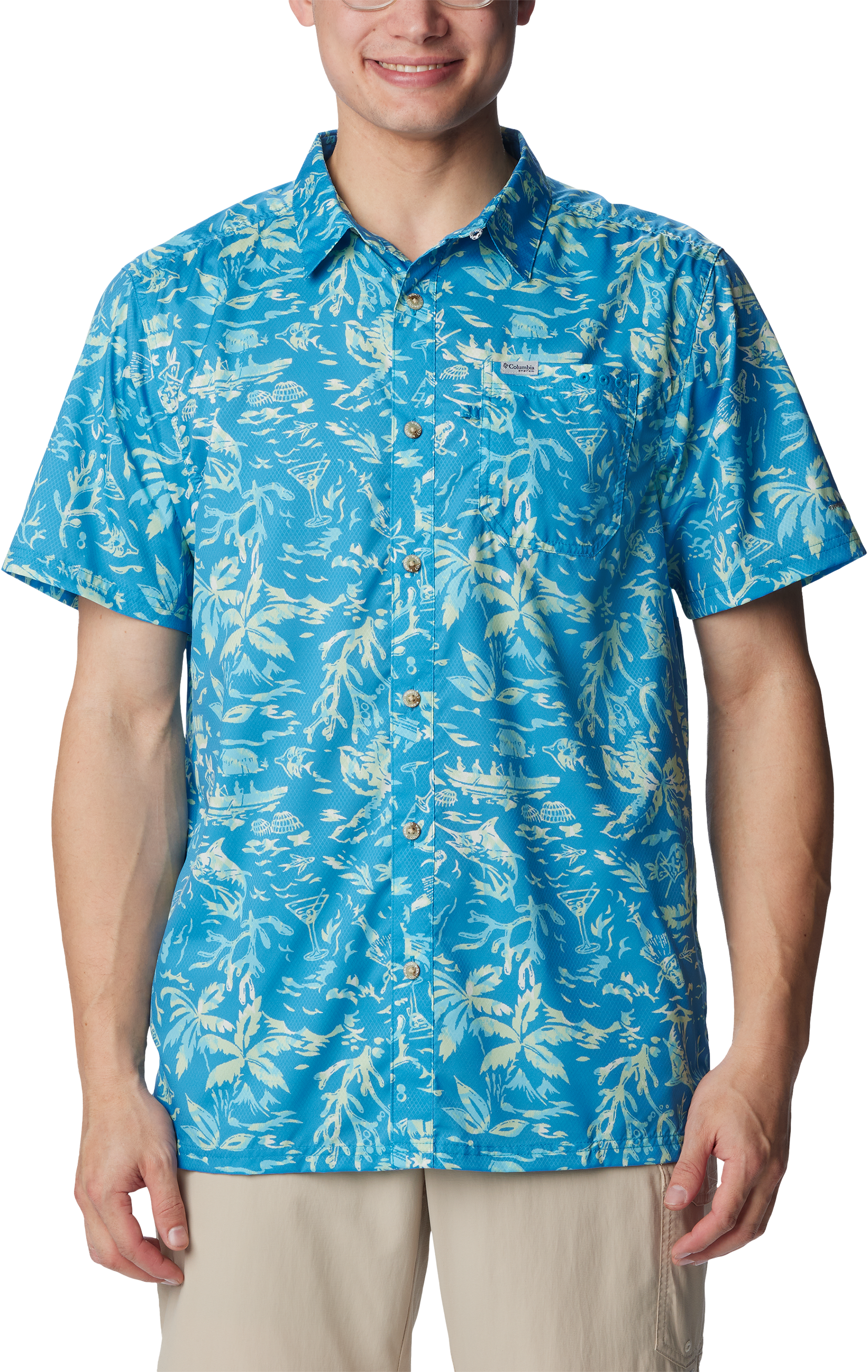 Image of Columbia Super Slack Tide Camp Short-Sleeve Shirt for Men - Pool Kona Kraze Print - S