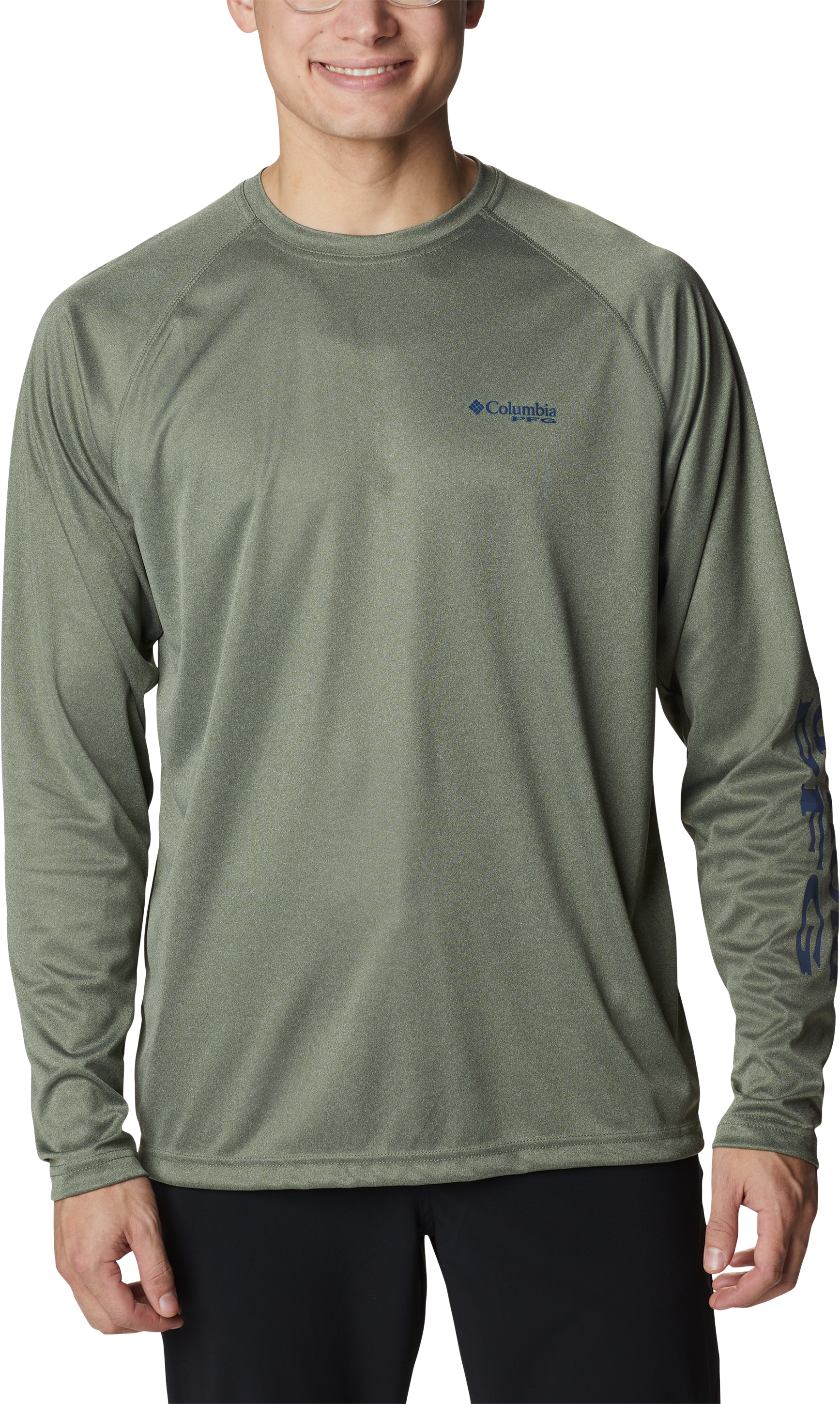 Image of Columbia PFG Terminal Tackle Heather Long-Sleeve Shirt for Men - Cypress Heather/Carbon Logo - S