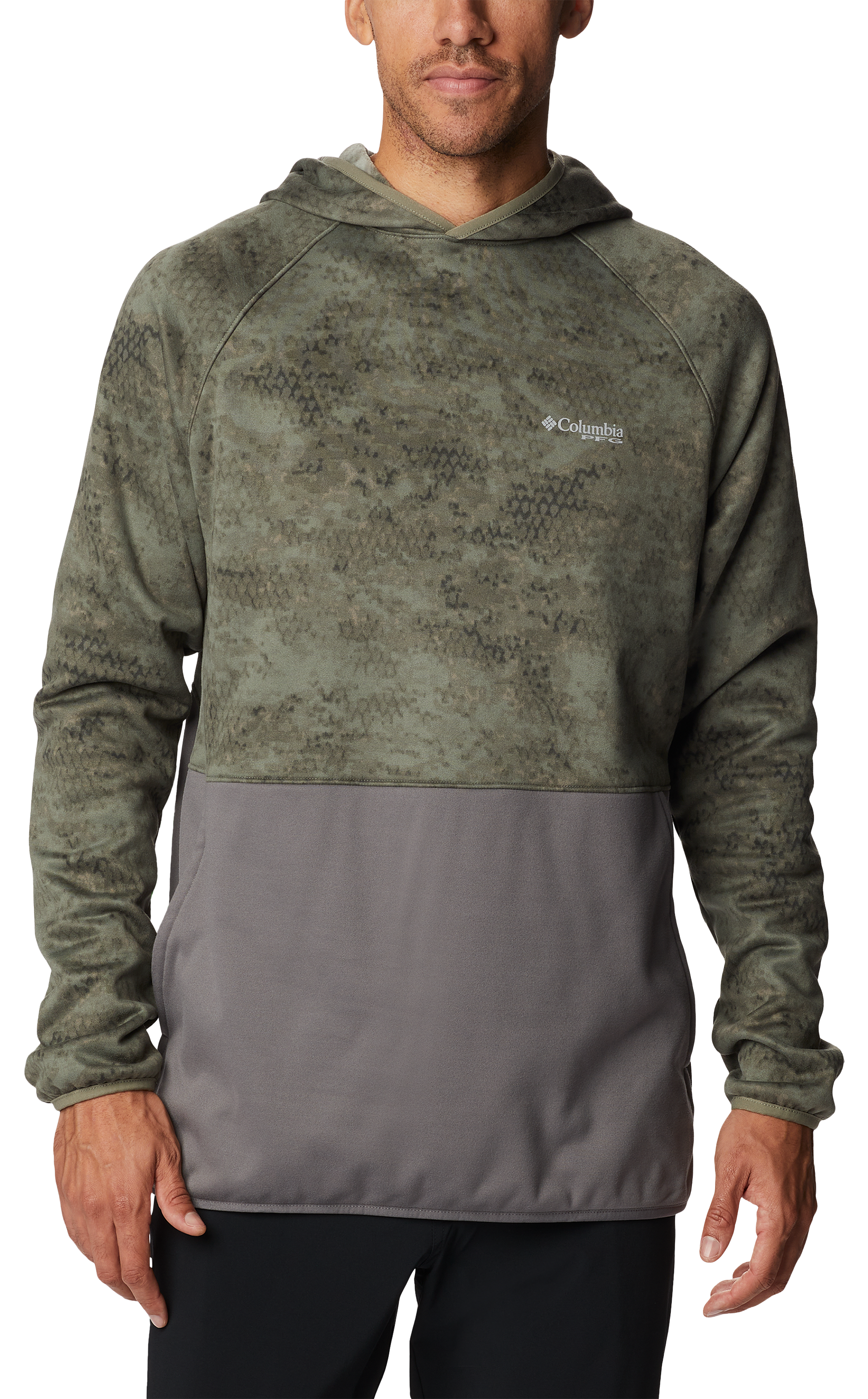 Image of Columbia PFG Super Terminal Fleece Long-Sleeve Hoodie for Men - Cypress PFG Camo/City Grey - M