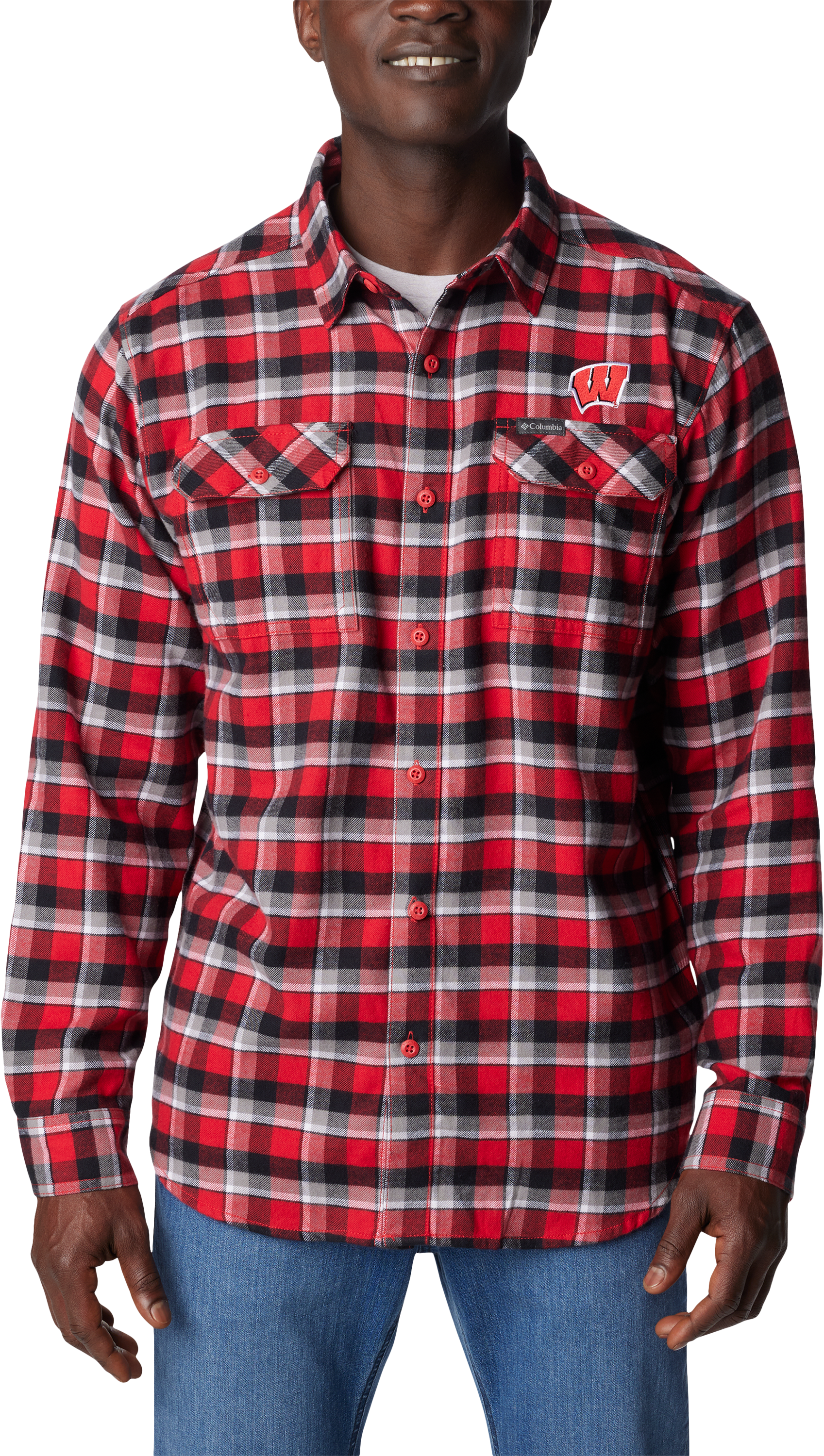 Image of Columbia Collegiate Flare Gun Flannel Long-Sleeve Button-Down Shirt for Men - University of Wisconsin/Intense Red Plaid - S