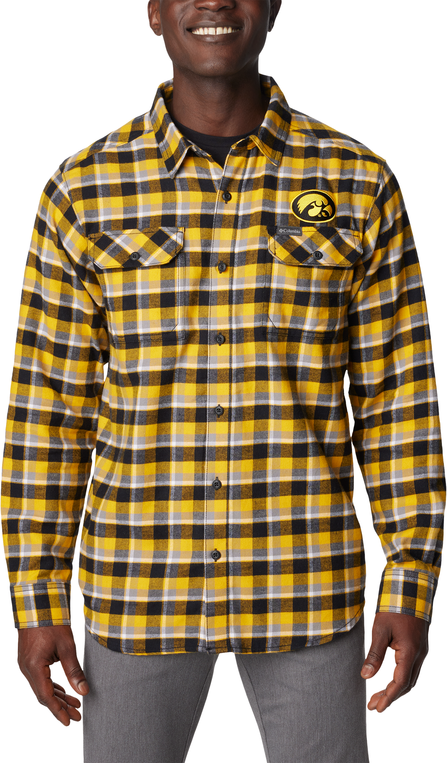 Columbia Collegiate Flare Gun Flannel Long-Sleeve Button-Down Shirt for Men - University of Iowa/MLB Gold Plaid - Columbia